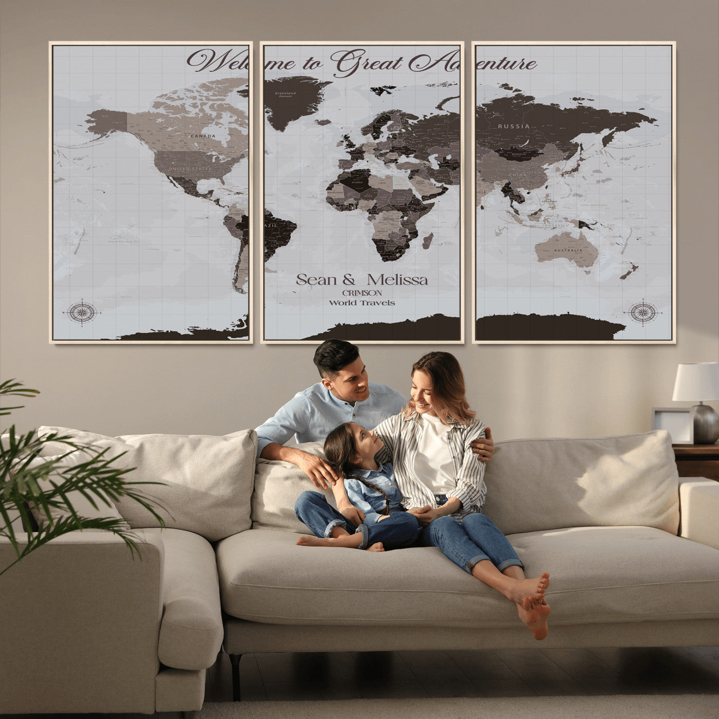 43749658-MGV-CV-36X24-Welcome to Great Adventure World Map Wall Art – Charcoal Gray Canvas Print, Rustic Travel Decor for Living Room, Study, Office or