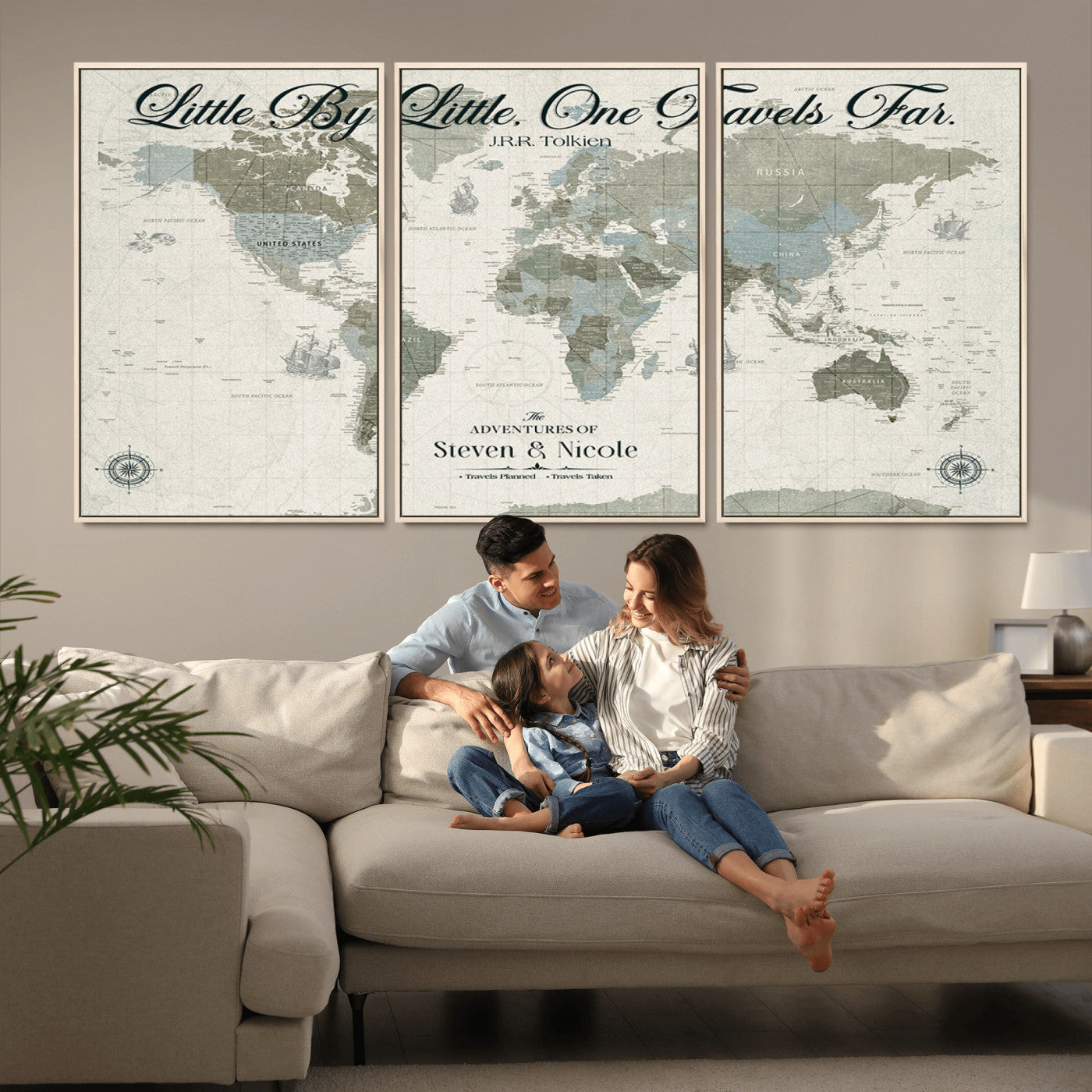 10693204-MGV-CV-36X24-Little By Little One Travels Far Tolkien Quote Blue Green World Map Adventure Wall Art Canvas Print Rustic Wanderlust Travel Decor