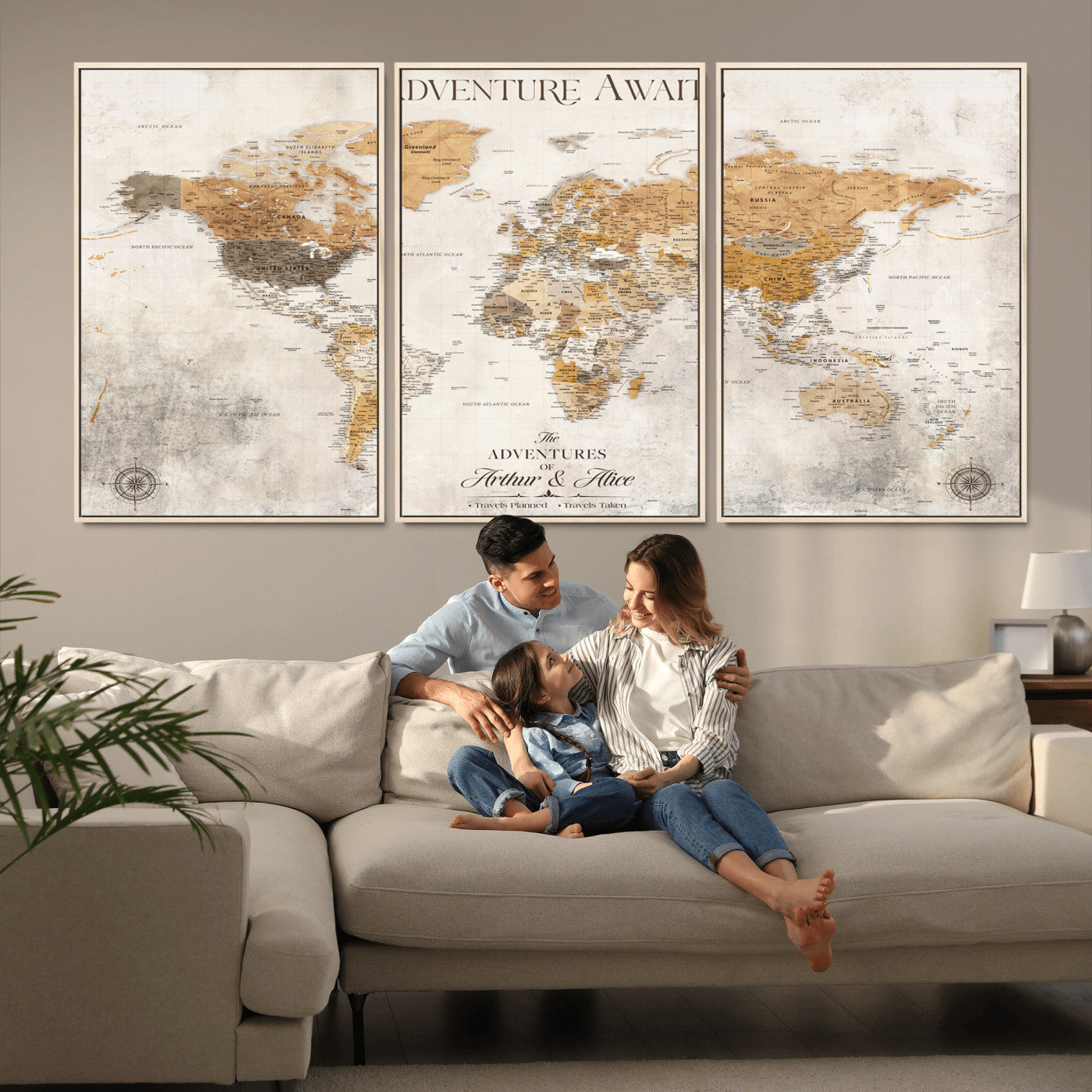 99422096-MGV-CV-36X24-Adventure Awaits World Map Wall Art – Neutral Beige Canvas Print, Modern Travel Inspired Wall Decor for Living Room, Bedroom or