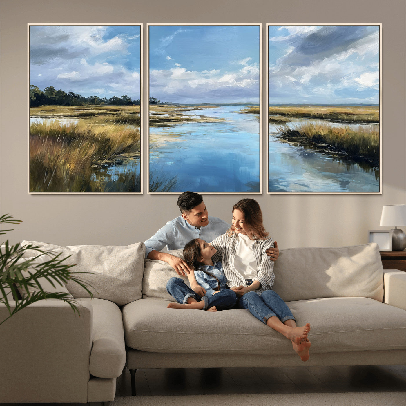 87082041-MGV-CV-36X24-Marshland Landscape Wall Art – Serene Nature Canvas Print with Blue Sky and Reflections, Tranquil Scenic Painting for Living Room,