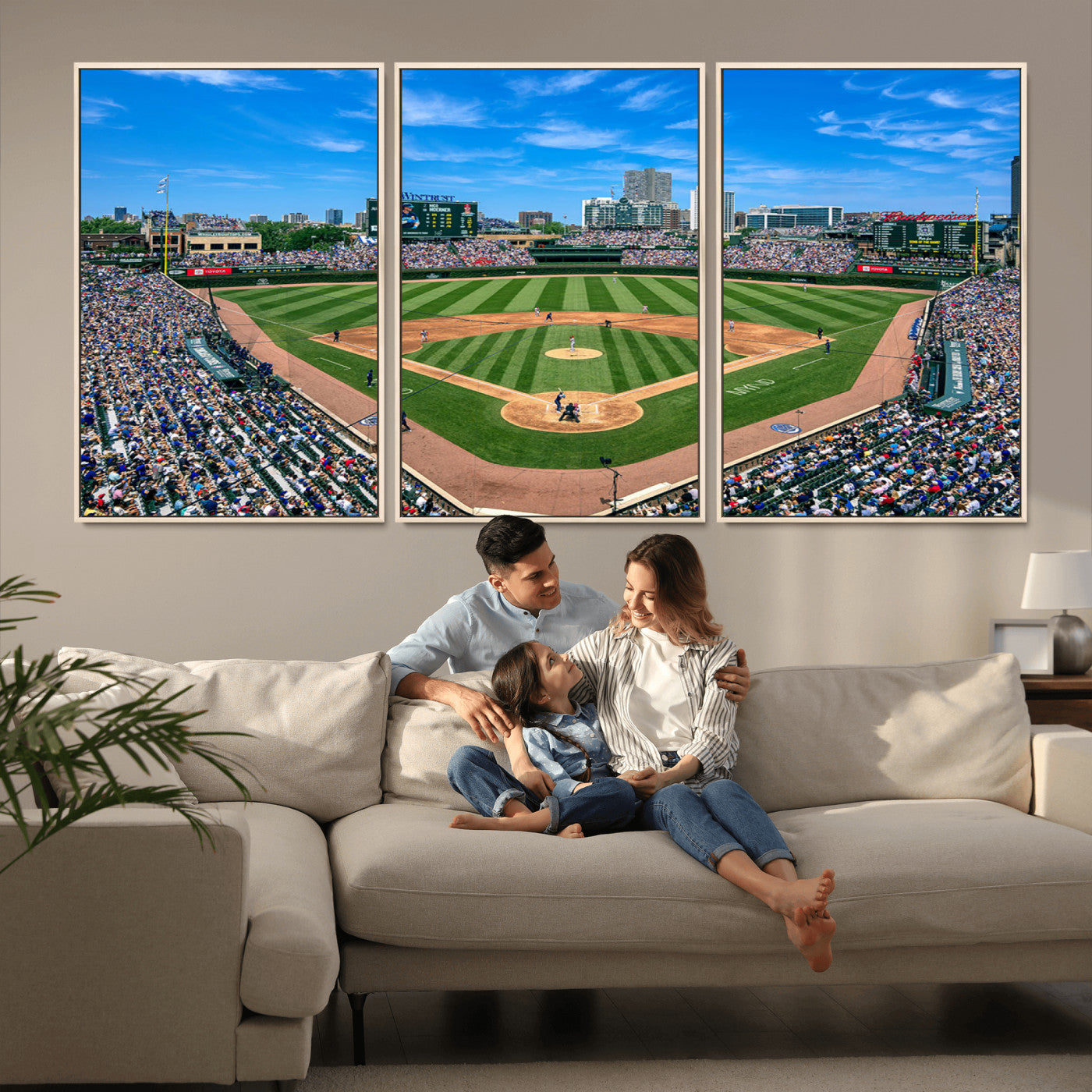 56213978-MGV-FC-60X30-3P_Natural-Wrigley Field Baseball Stadium Canvas Wall Art – Packed Crowd Sports Stadium Print, City Skyline Baseball Field Canvas for Game