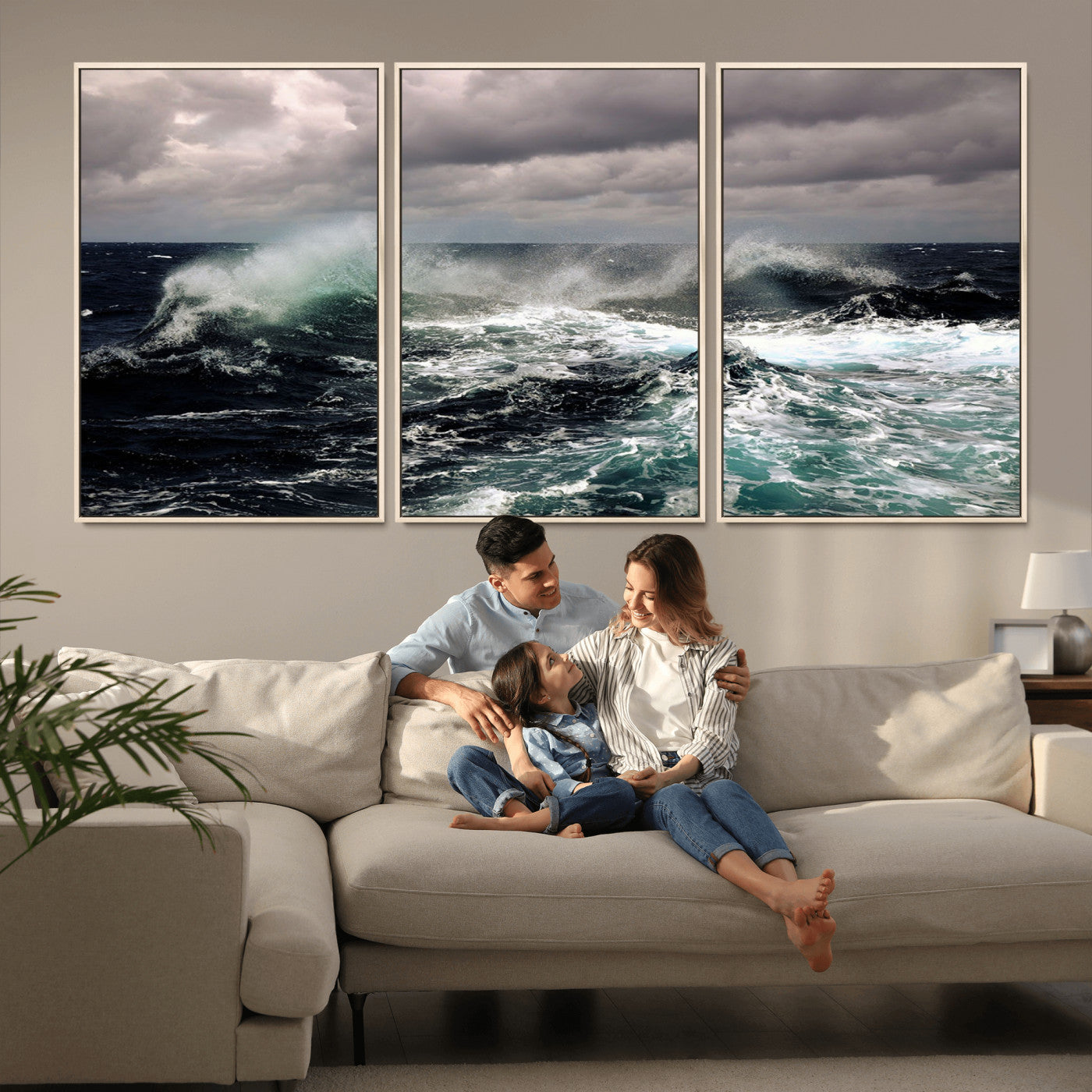 38622353-MGV-FC-60X30-3P_Natural-Stormy Ocean Waves Canvas Wall Art – Framed Turbulent Sea Print, Large Nature Canvas for Coastal, Living Room, or Office Spaces