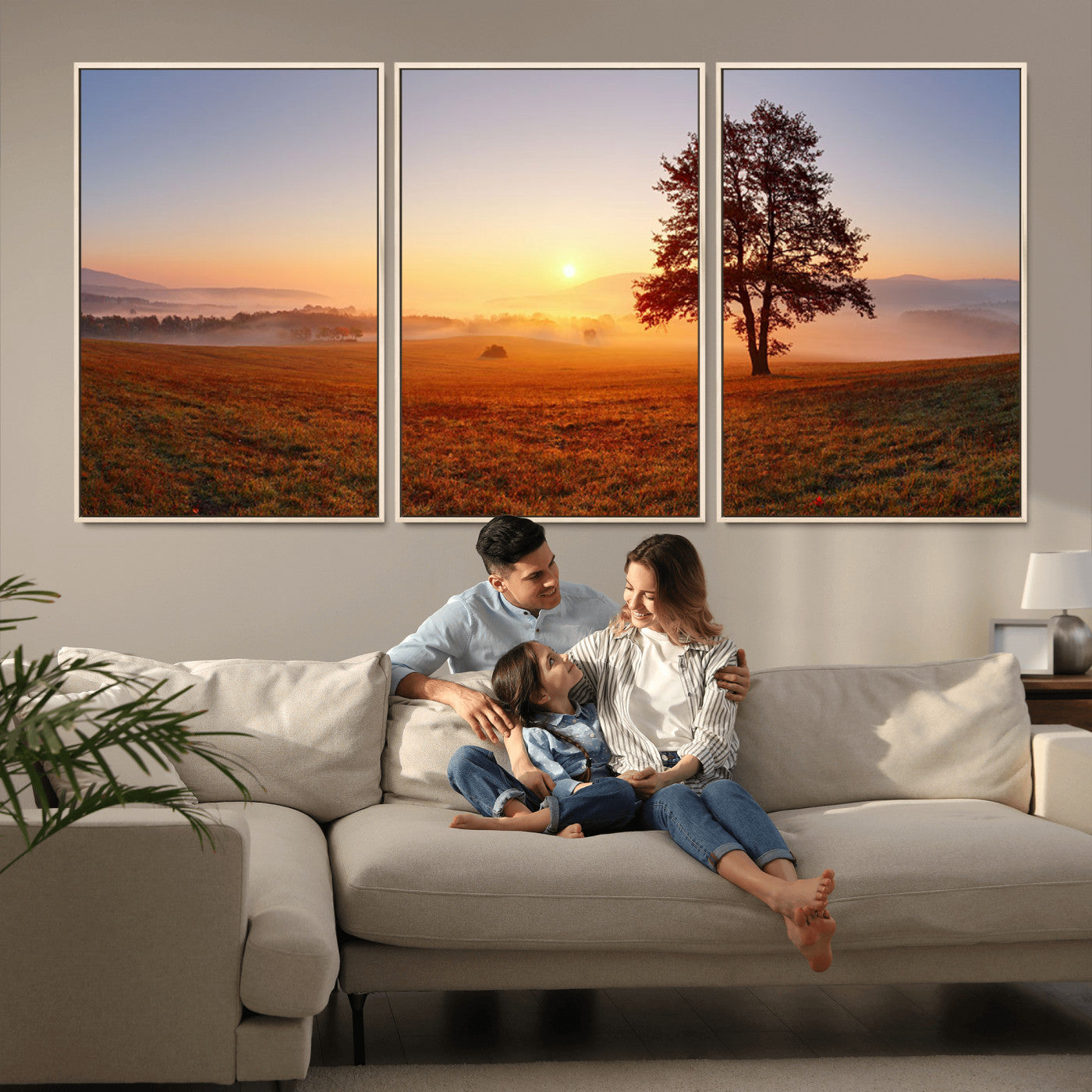 57919623-MGV-FC-60X30-3P_Natural-Golden Sunrise Landscape Canvas Wall Art - Framed Misty Field Print, Large Nature Canvas for Living Room, Office, or Home Decor