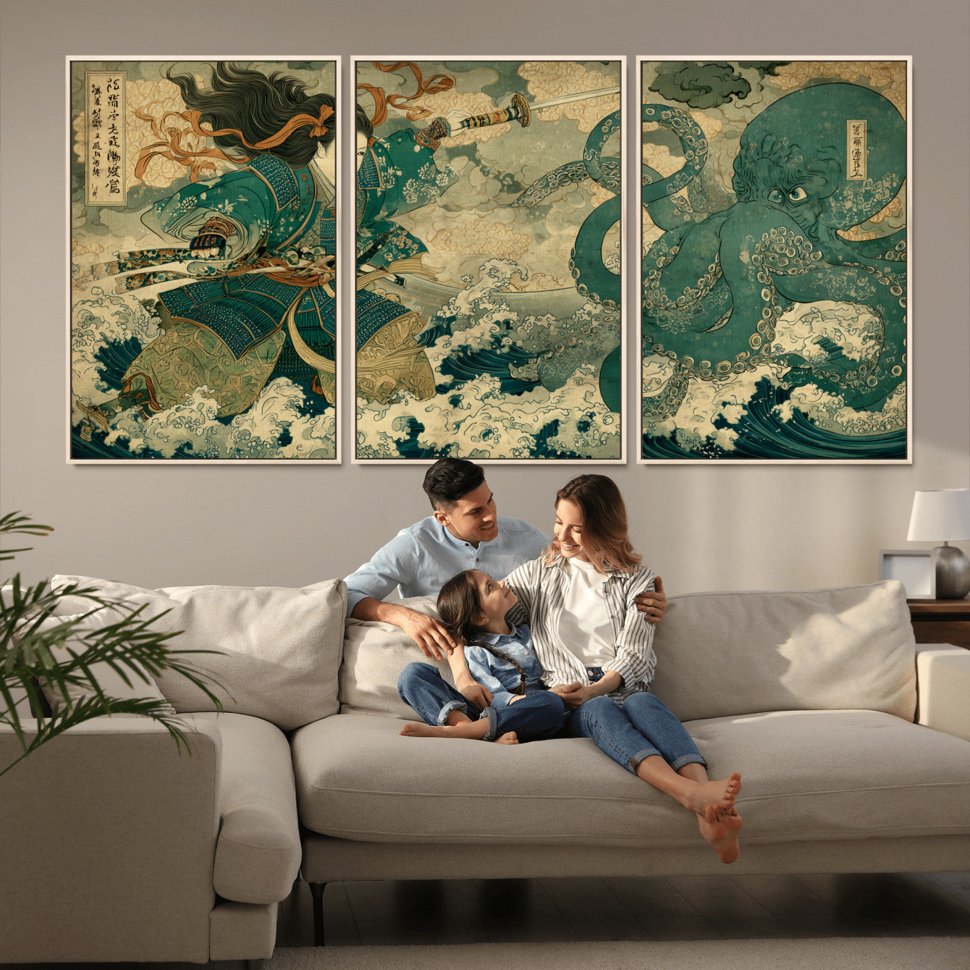 24416422-MGV-FC-60X30-3P_Natural-Tsukioka Yoshitoshi Samurai Wall Art Print, Japanese Katana Warrior Canvas Wall Art, Octopus Sea Monster Canvas Print,