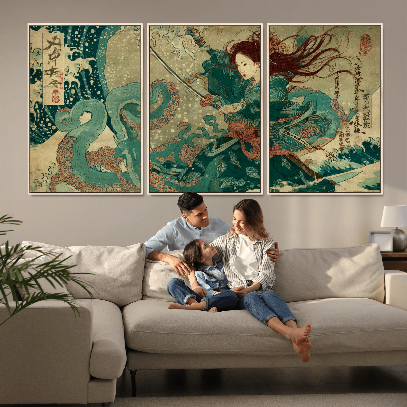 86918027-MGV-CV-36X24-Samurai Warrior vs Octopus Wall Art – Japanese Ukiyo-e Ocean Battle Canvas Print, Traditional Samurai Artwork for Living Room,