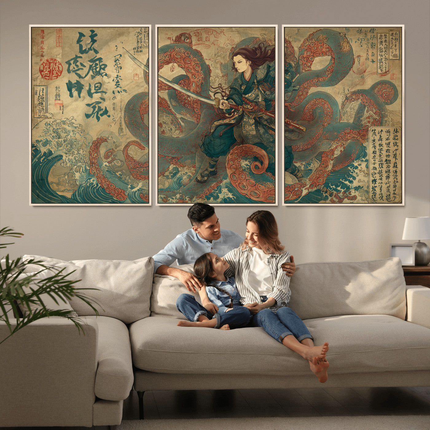 98593115-MGV-CV-36X24-Samurai Warrior vs Octopus Wall Art – Japanese Ukiyo-e Calligraphy Canvas Print, Ocean Battle Scene Artwork for Living Room,