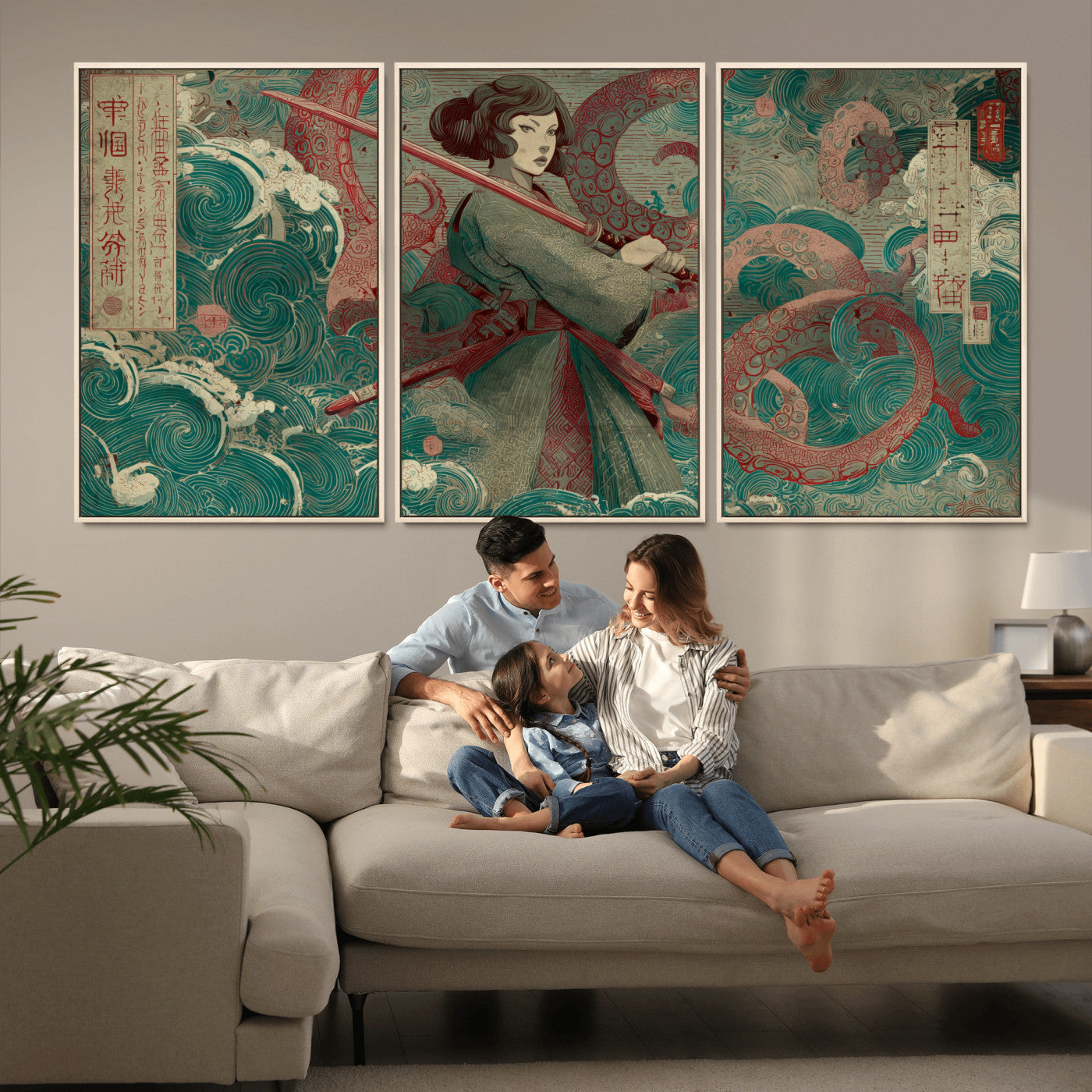 91666601-MGV-CV-36X24-Samurai Woman vs Octopus Wall Art – Japanese Ukiyo-e Green Robe Canvas Print, Ocean Battle Artwork for Living Room, Office, Man
