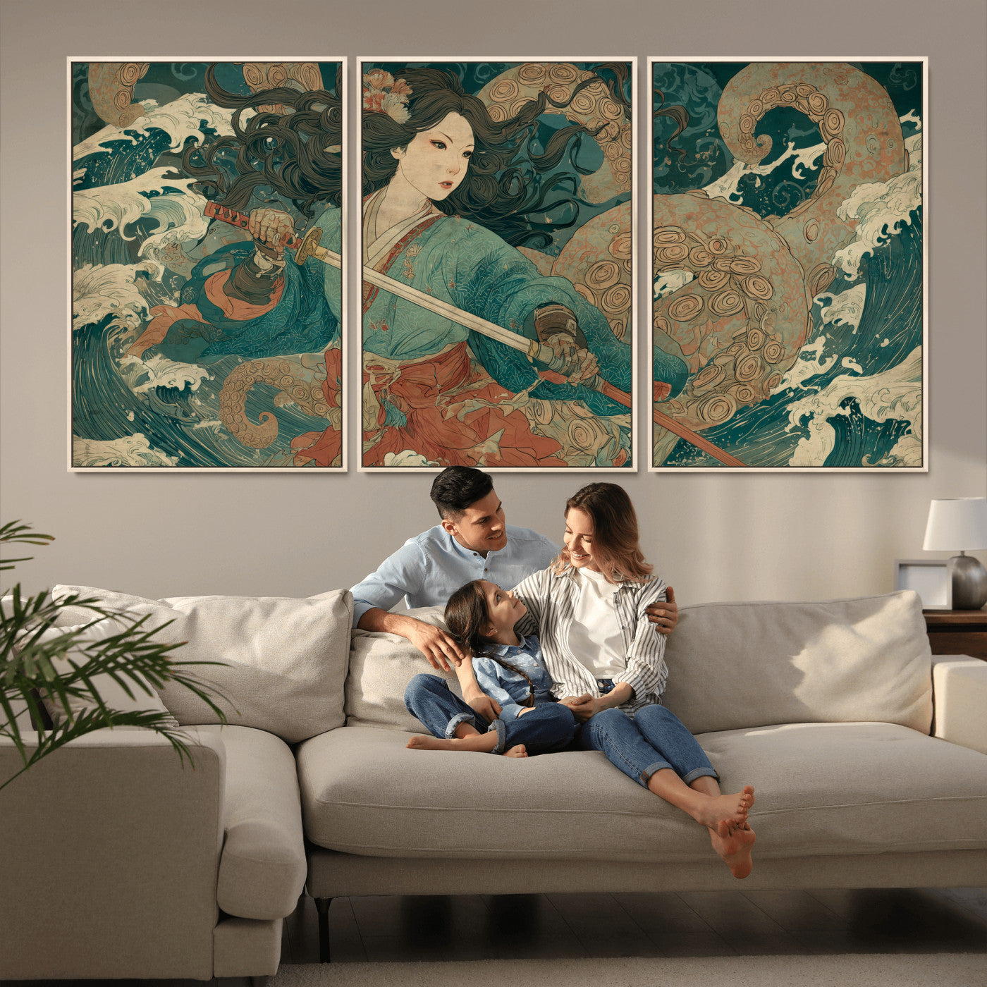 79740258-MGV-FC-60X30-3P_Natural-Tsukioka Yoshitoshi Samurai Wall Art Print, Japanese Katana Warrior Canvas Wall Art, Octopus Sea Monster Canvas Print,