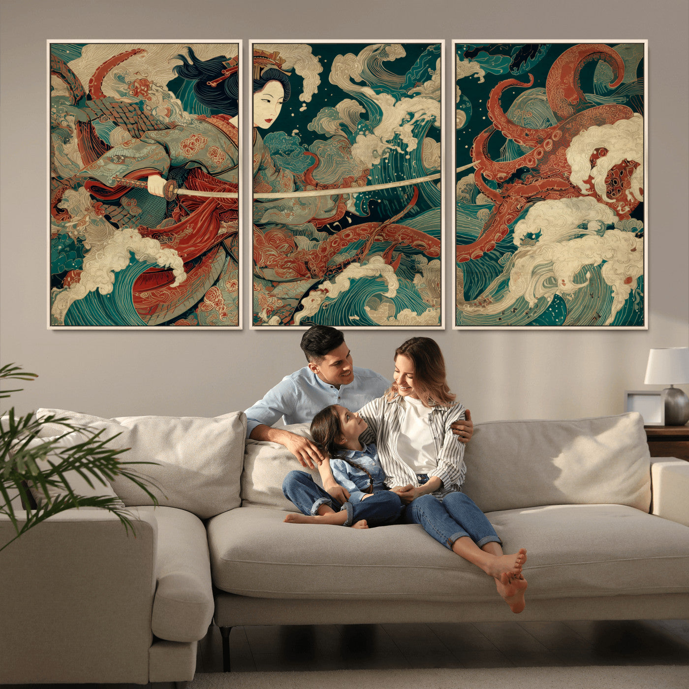 30212982-MGV-CV-36X24-Samurai Woman vs Octopus Wall Art – Japanese Ukiyo-e Style Warrior and Sea Monster Canvas Print, Mythology Inspired Artwork for