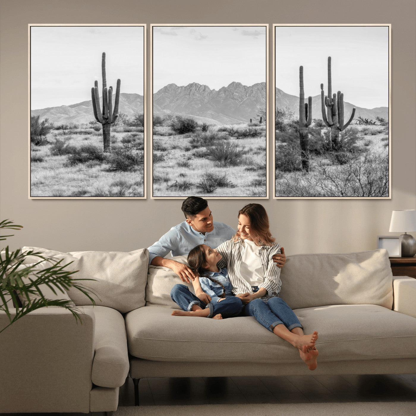97436PHN-MGV-CV-36X24-Desert Landscape Wall Art – Black and White Cactus and Mountain Canvas Print, Southwestern Nature Photography for Living Room,