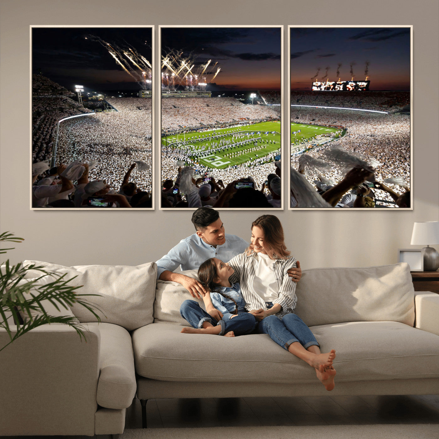 Penn-MGV-CV-36X24-Football Stadium Wall Art – Panoramic Night Game Canvas Print, Packed Crowd with Fireworks, Sports Decor for Office, Man Cave, Bar