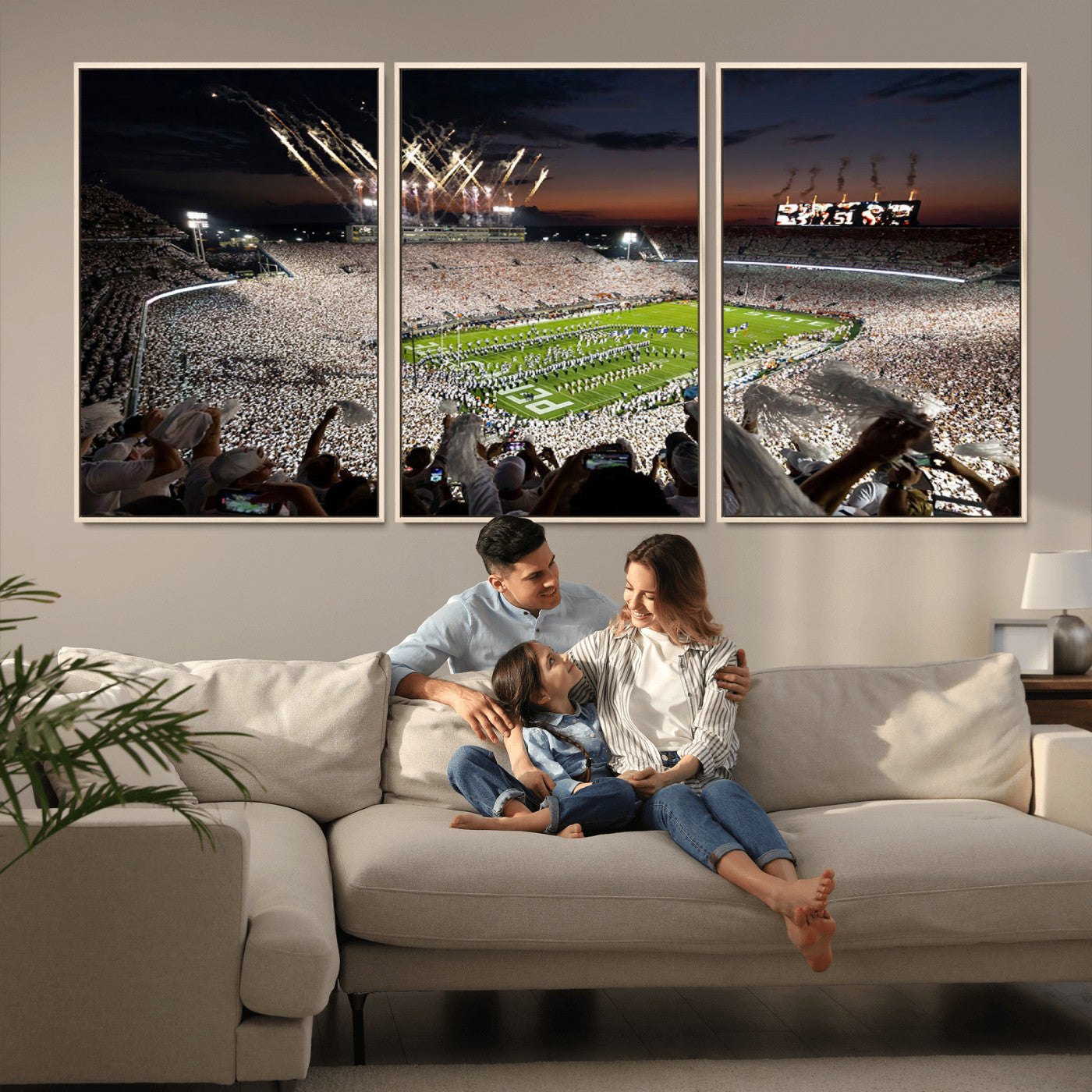 11221988-MGV-CV-36X24-Football Stadium Wall Art – Game Day Crowd with Fireworks, Sports Fan Photography Print, Stadium Decor for Man Cave, Bar, or