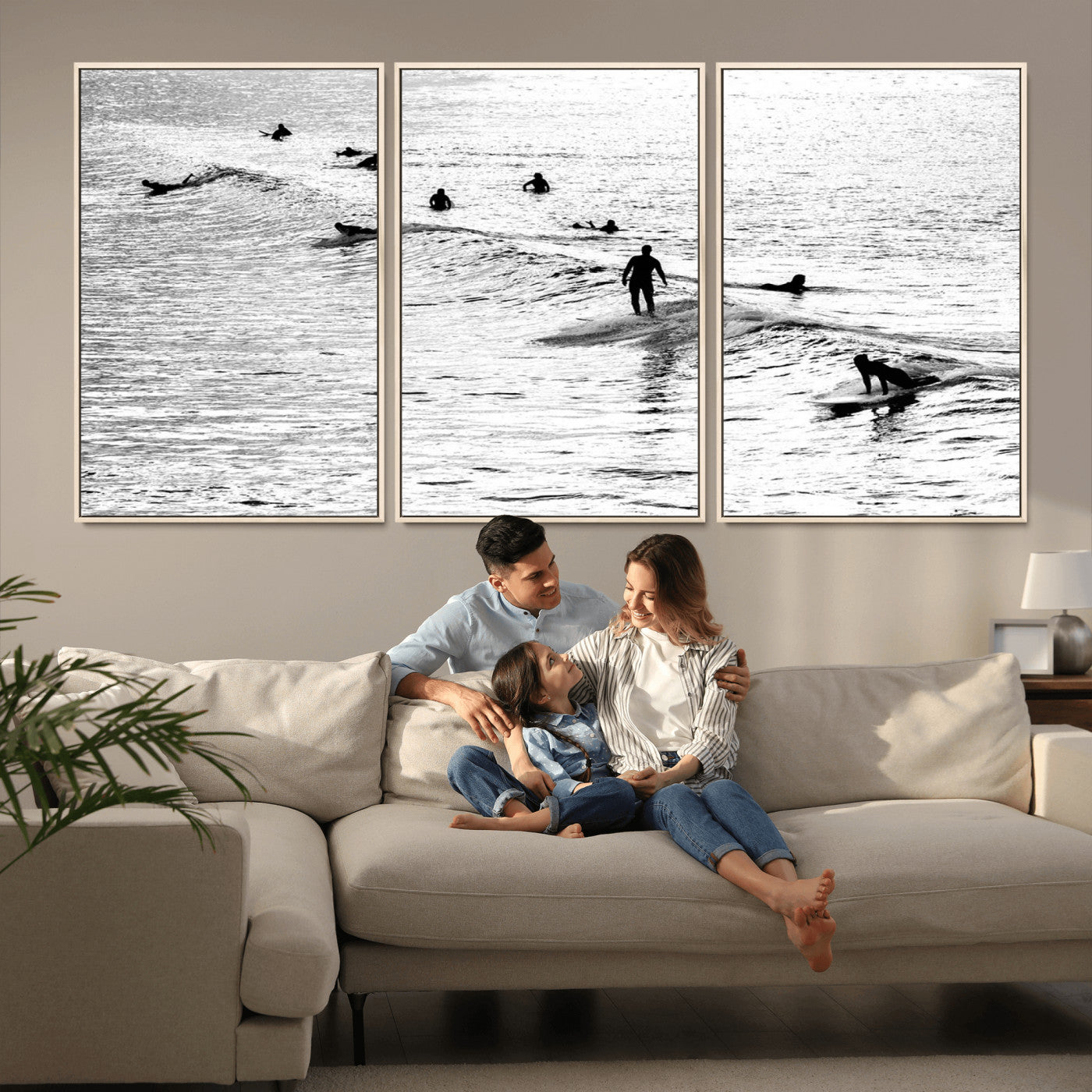 68018616-MGV-CV-36X24-Black and White Surf Photography Print – Minimalist Ocean Wall Art, Surfers Riding Waves, Coastal Beach Decor for Modern Home or