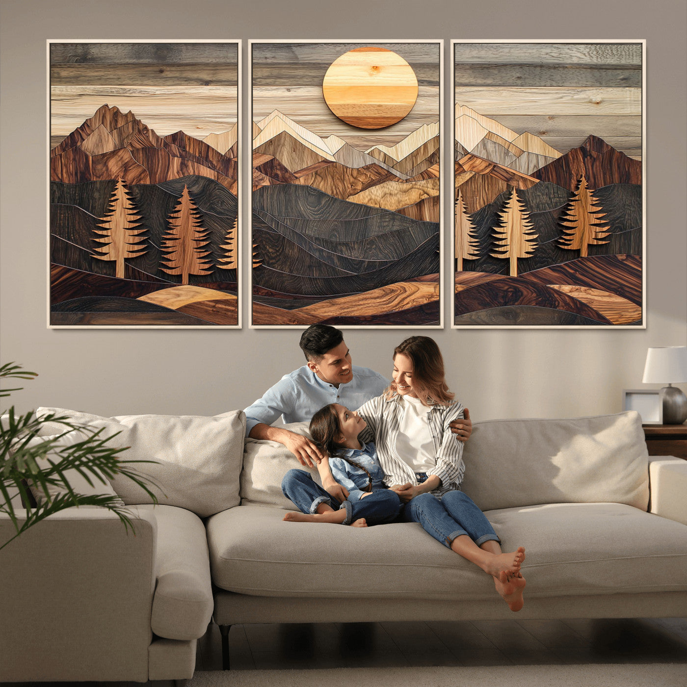 90044381-MGV-CV-36X24-Rustic Wall Art – Wooden Mountain Landscape with Sun and Pine Trees, Handcrafted Nature Canvas Style Decor for Bedroom, Living