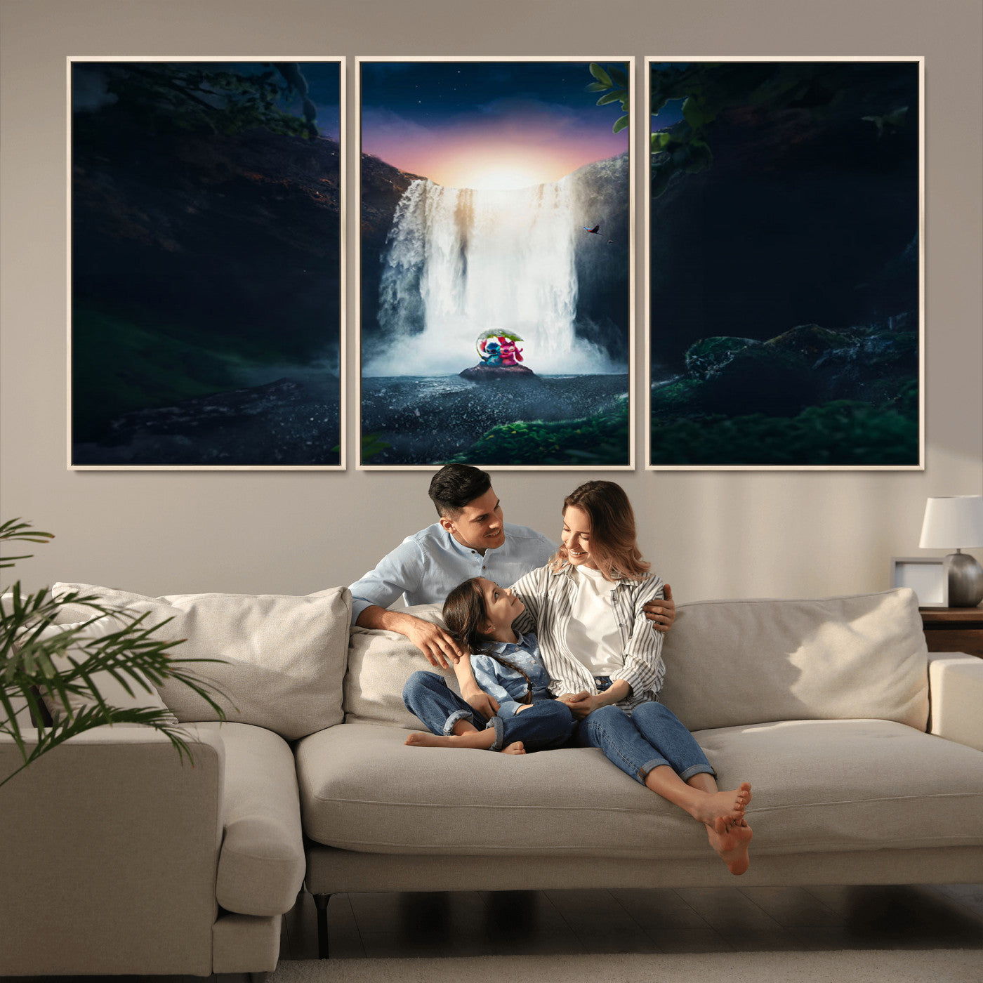 56359-MGV-CV-36X24-Lilo Stitch Wall Art Canvas Print, Framed Stitch Angel Art Picture Print, Cartoon Waterfall Perfect Tropical Fantasy Decor Artwork