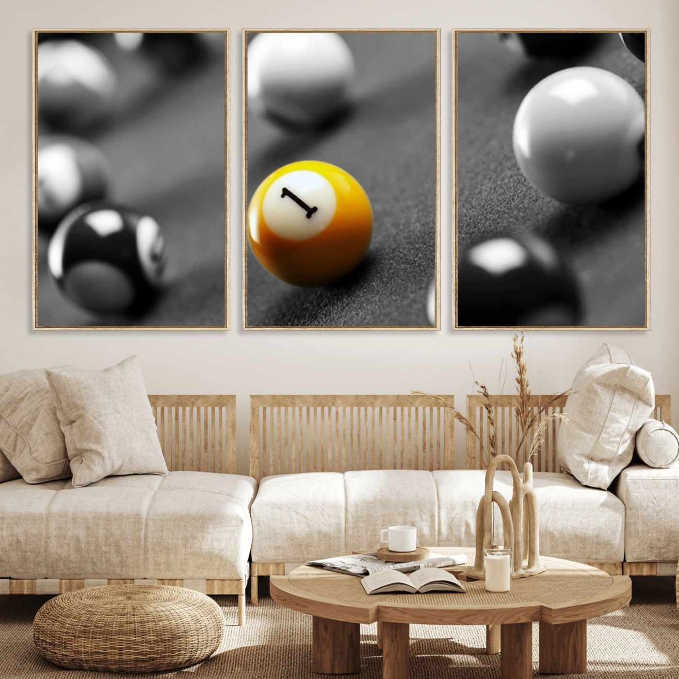 52108-MGV-CV-36X24-Precision Pool Table Wall Art – Close Up Yellow 1 Ball Canvas Print, Hand-Played Billiards Game Decor for Office, Game Room, or