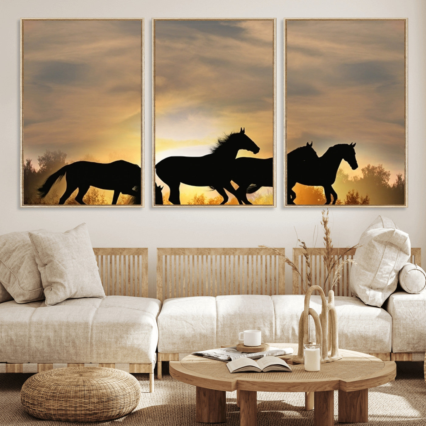 16620-MGV-FC-60X30-3P_Natural-Sunset Stallions Wall Art – Silhouetted Horses Running Canvas Print, Nature’s Rhythm, Perfect for Living Room, Office, or Man Cave