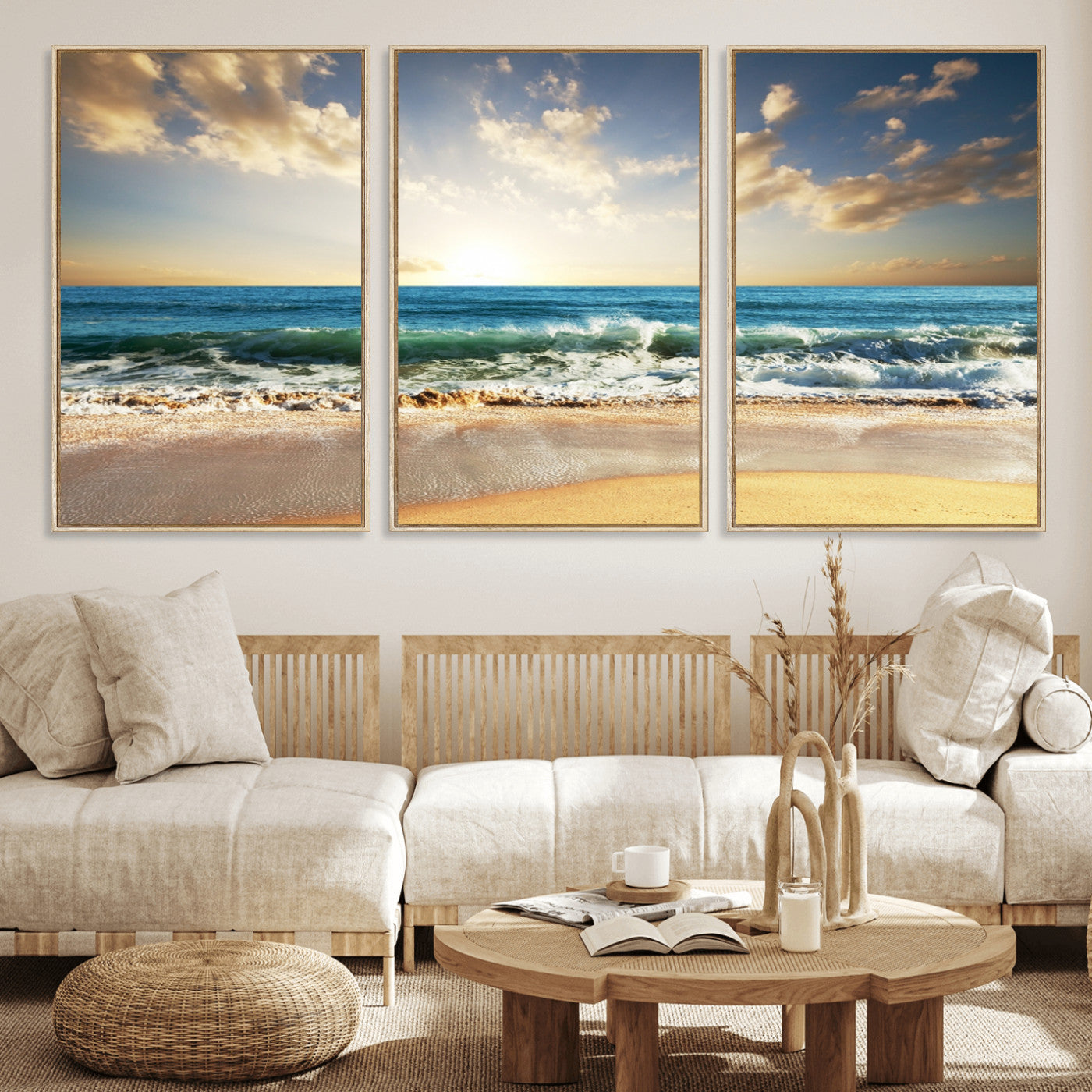 13139-MGV-FC-60X30-3P_Natural-Sunrise Beach Wall Art – Ocean Waves and Golden Sand Canvas Print, Coastal Home Decor for Living Room, Bedroom, or Office