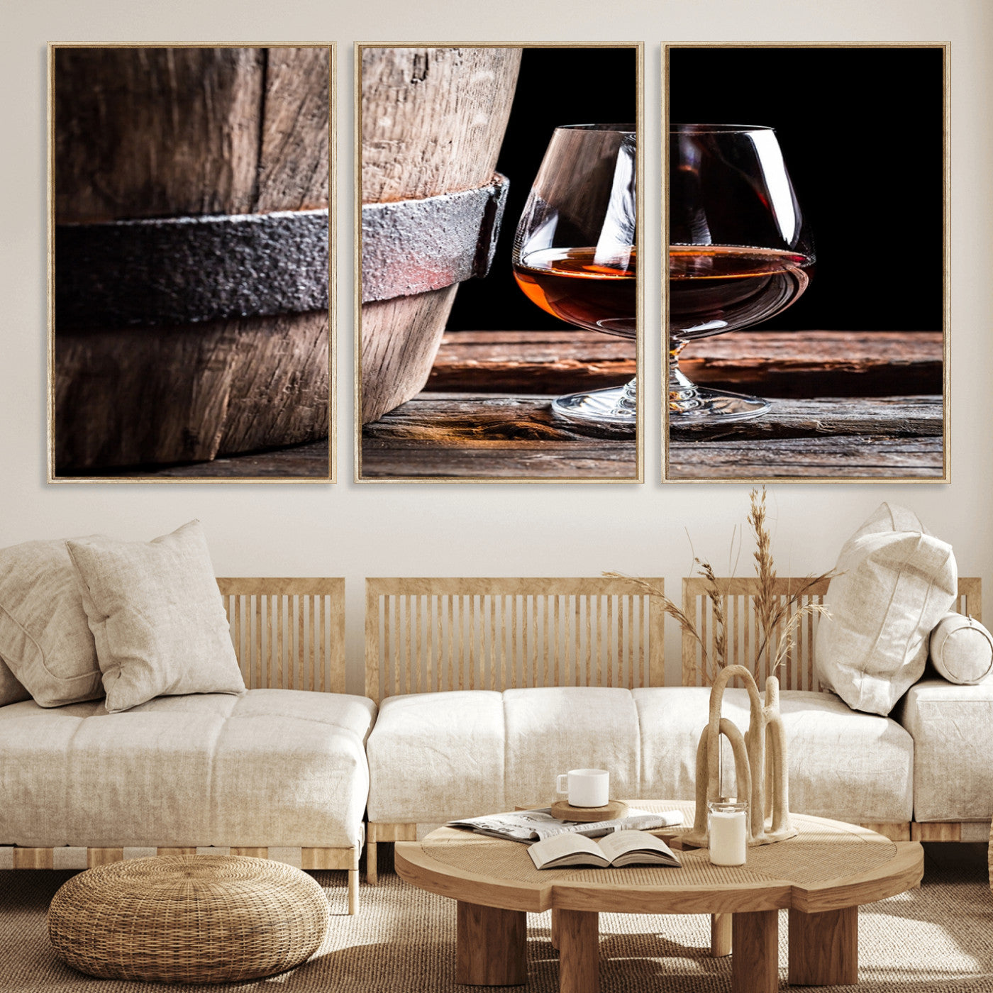 50839-MGV-FC-60X30-3P_Natural-Barrel & Brandy Wall Art – Rustic Whiskey Barrel and Brandy Glass Canvas Print, Elegant Home Bar or Lounge Decor for Office, Man