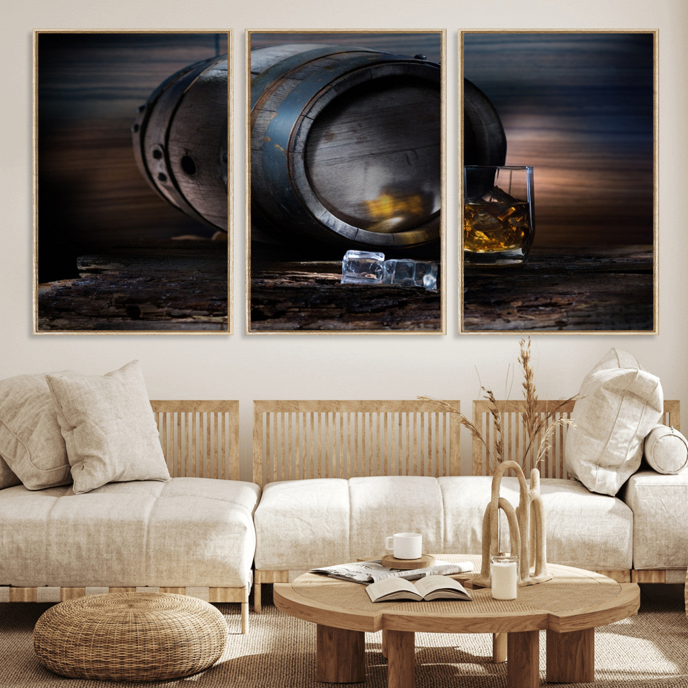 78049-MGV-FC-60X30-3P_Natural-Whiskey Barrel Wall Art – Rustic Whiskey Barrel and Glass with Ice Canvas Print, Classic Bar or Lounge Decor for Home, Office, or
