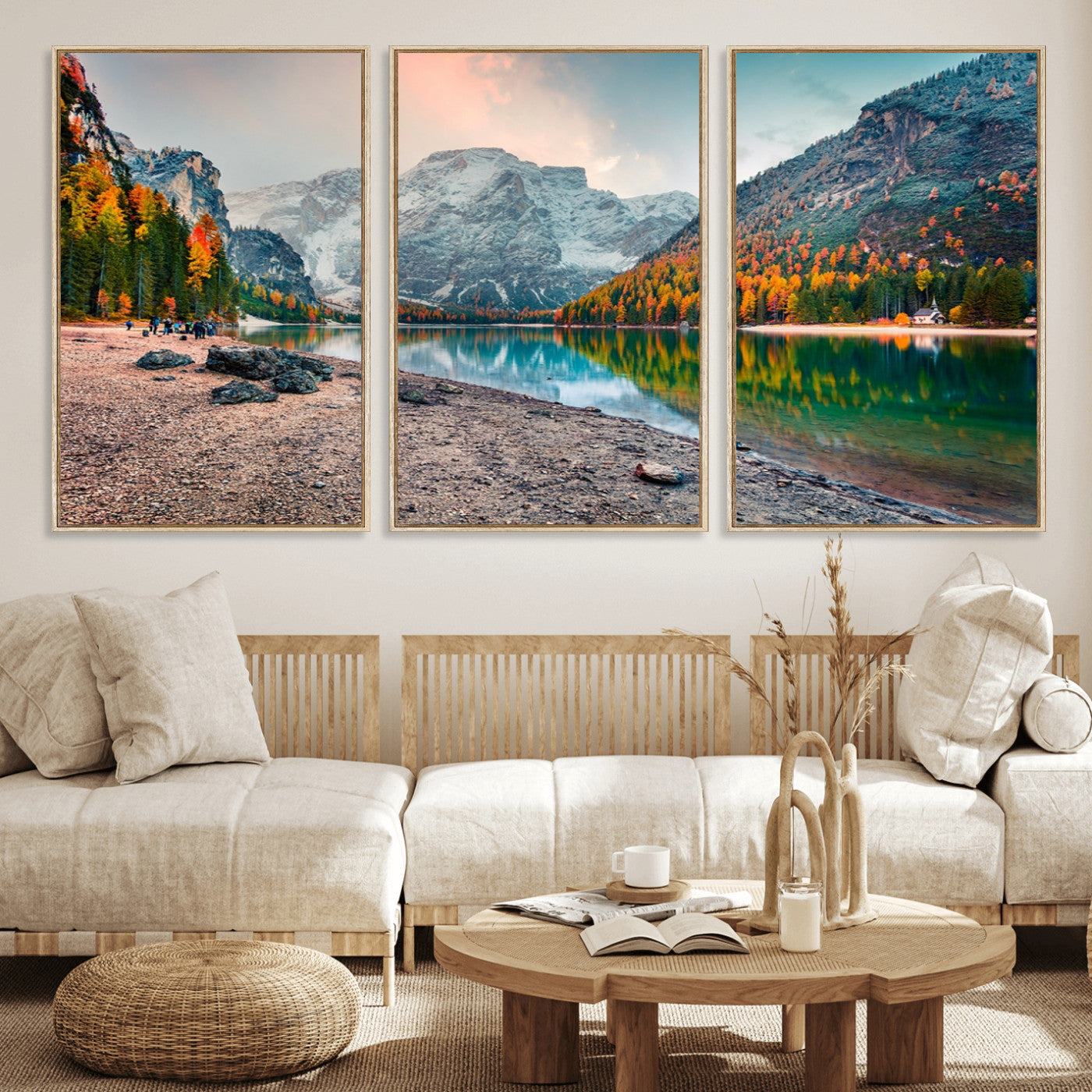 25982-MGV-FC-60X30-3P_Natural-Autumn Mountain Lake Wall Art – Panoramic Fall Foliage and Snowy Peaks Canvas Print, Scenic Nature Decor for Living Room or Office