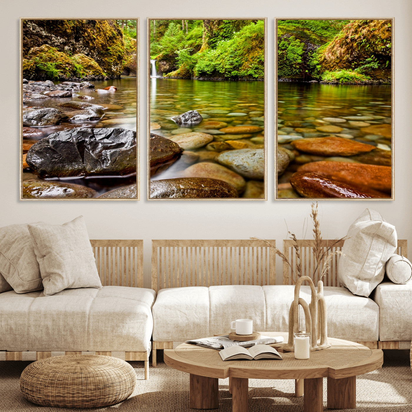 98096-MGV-FC-60X30-3P_Natural-Serene River Waterfall Nature Photo – Calm Clear Water, Vibrant Green Forest and Smooth Stones Landscape Wall Art for Home or