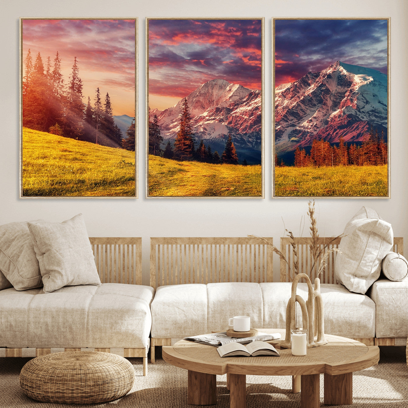 83947-MGV-CV-36X24-Sunset Mountain Landscape Wall Art – Panoramic Alpine Meadow and Snow Capped Peaks Canvas Print, Nature Scenic Decor for Home,
