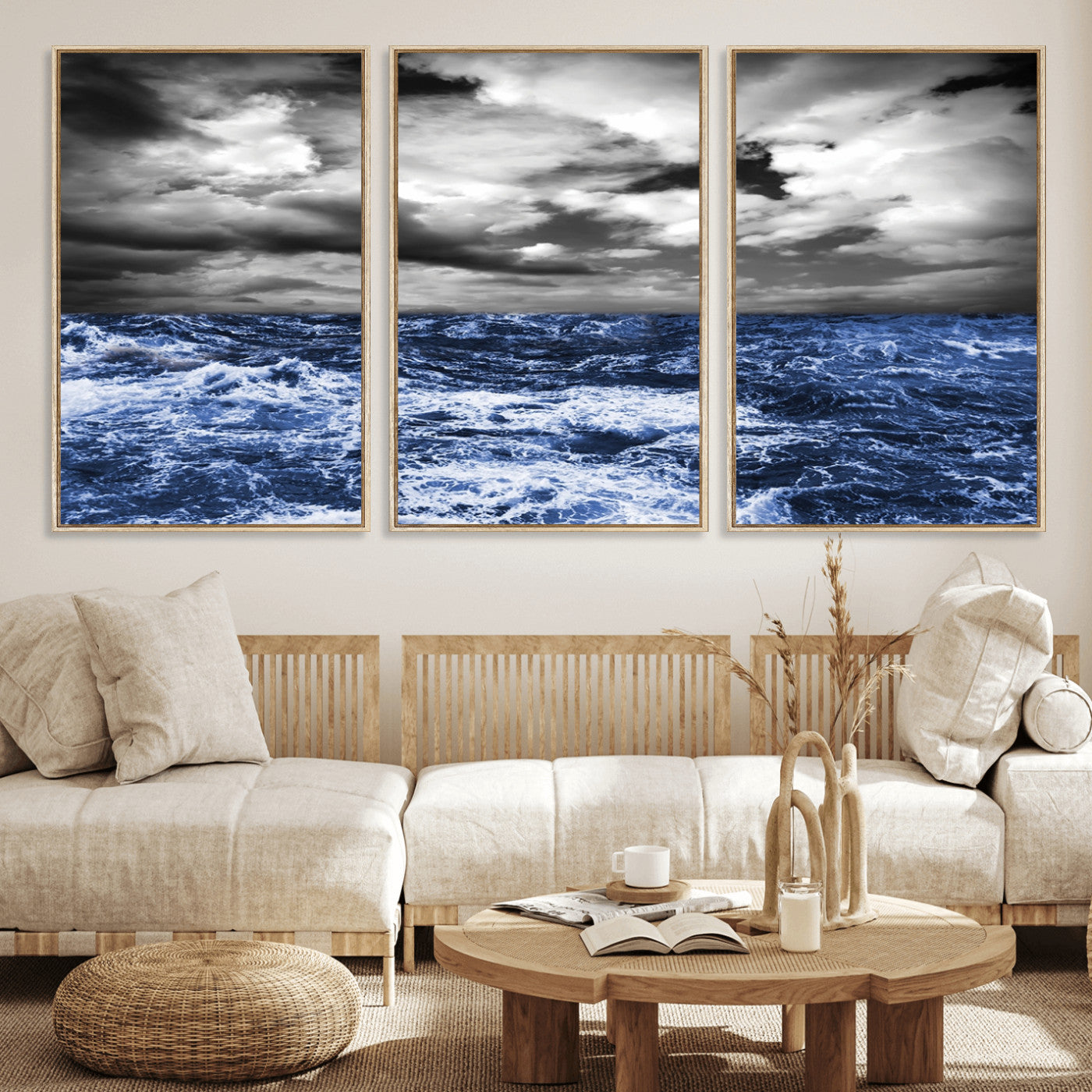 36012-MGV-FC-60X30-3P_Natural-Dramatic Stormy Ocean Waves Black and White with Deep Blue Highlights – Moody Seascape Wall Art, Nature Photography Print for Home