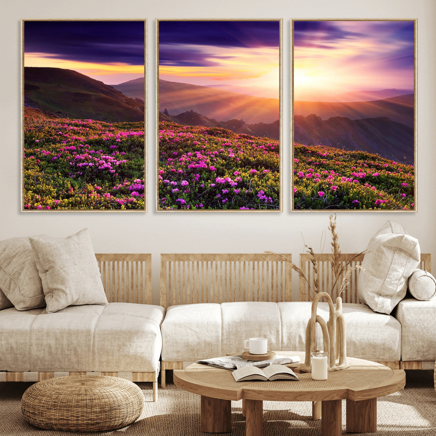 49741-MGV-FC-60X30-3P_Natural-Mountain Sunrise Wall Art – Vibrant Floral Landscape Canvas Print, Nature Home Decor for Living Room, Bedroom Office or Cabin