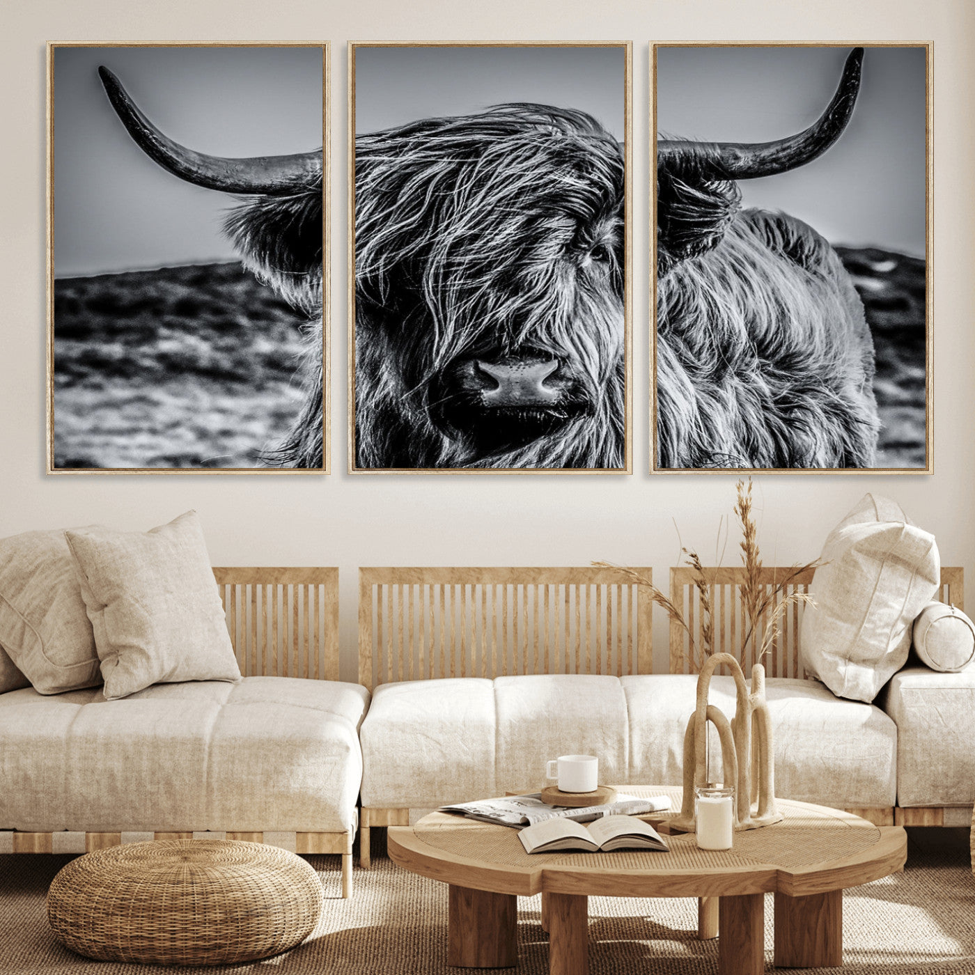 97372-MGV-CV-36X24-Elegant Highland Cow Wall Art – Black and White Canvas Print, Rustic Nature Decor for Home, Office, Living Room or Man Cave