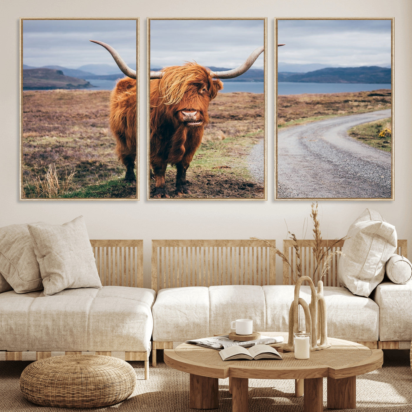 56121-MGV-FC-60X30-3P_Natural-Rustic Highland Cow Wall Art – Panoramic Nature Canvas Print, Perfect Decor for Home, Office, Living Room or Man Cave