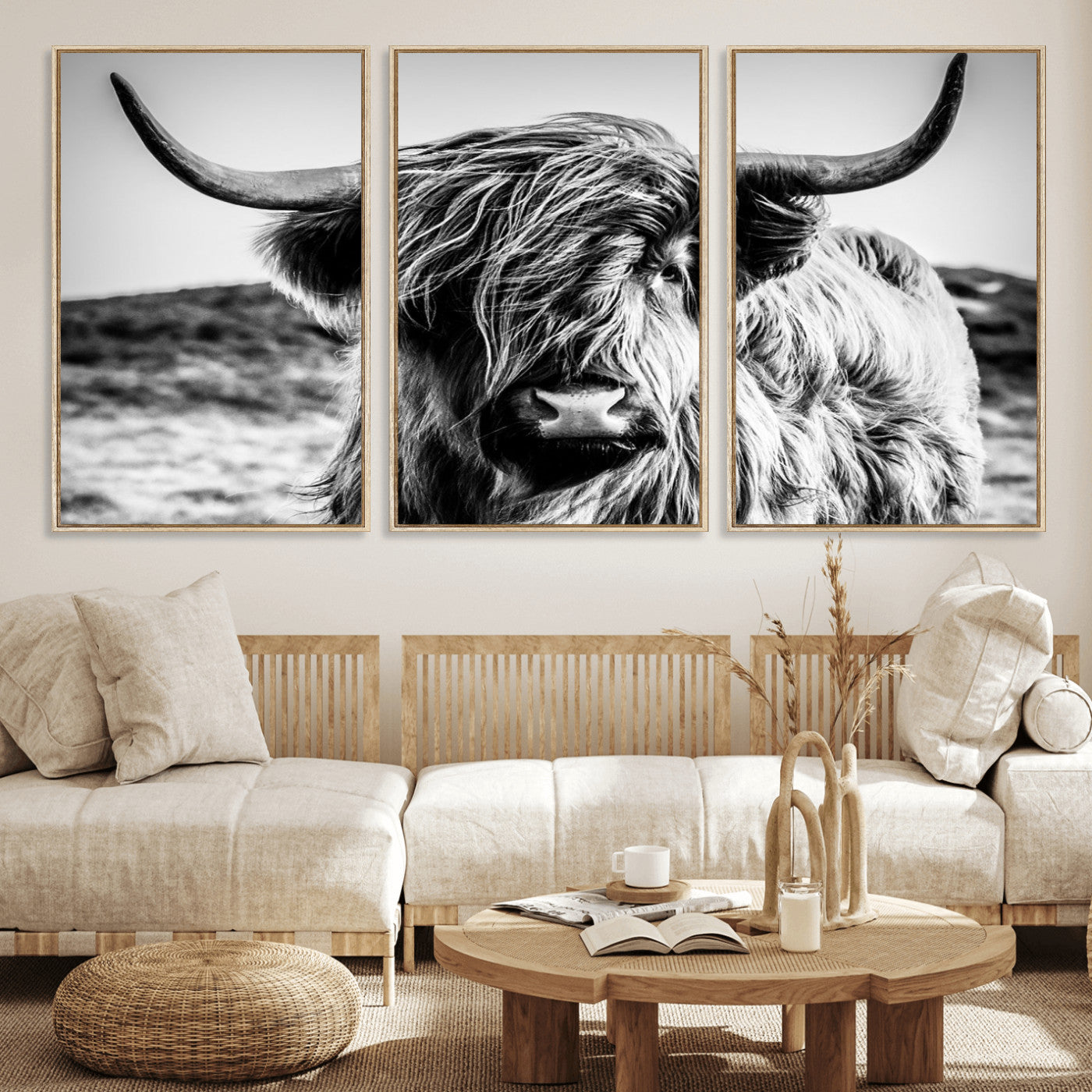 36979-MGV-FC-60X30-3P_Natural-Striking black-and-white portrait of a Highland cow with flowing fur and majestic horns, perfect for rustic and elegant home or