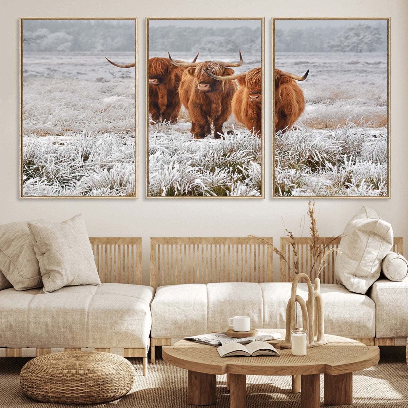 10396-MGV-FC-60X30-3P_Natural-Highland Cattle Wall Art – Rustic Winter Landscape Canvas Print, Farmhouse Decor for Living Room, Office, Cabin or Country Home