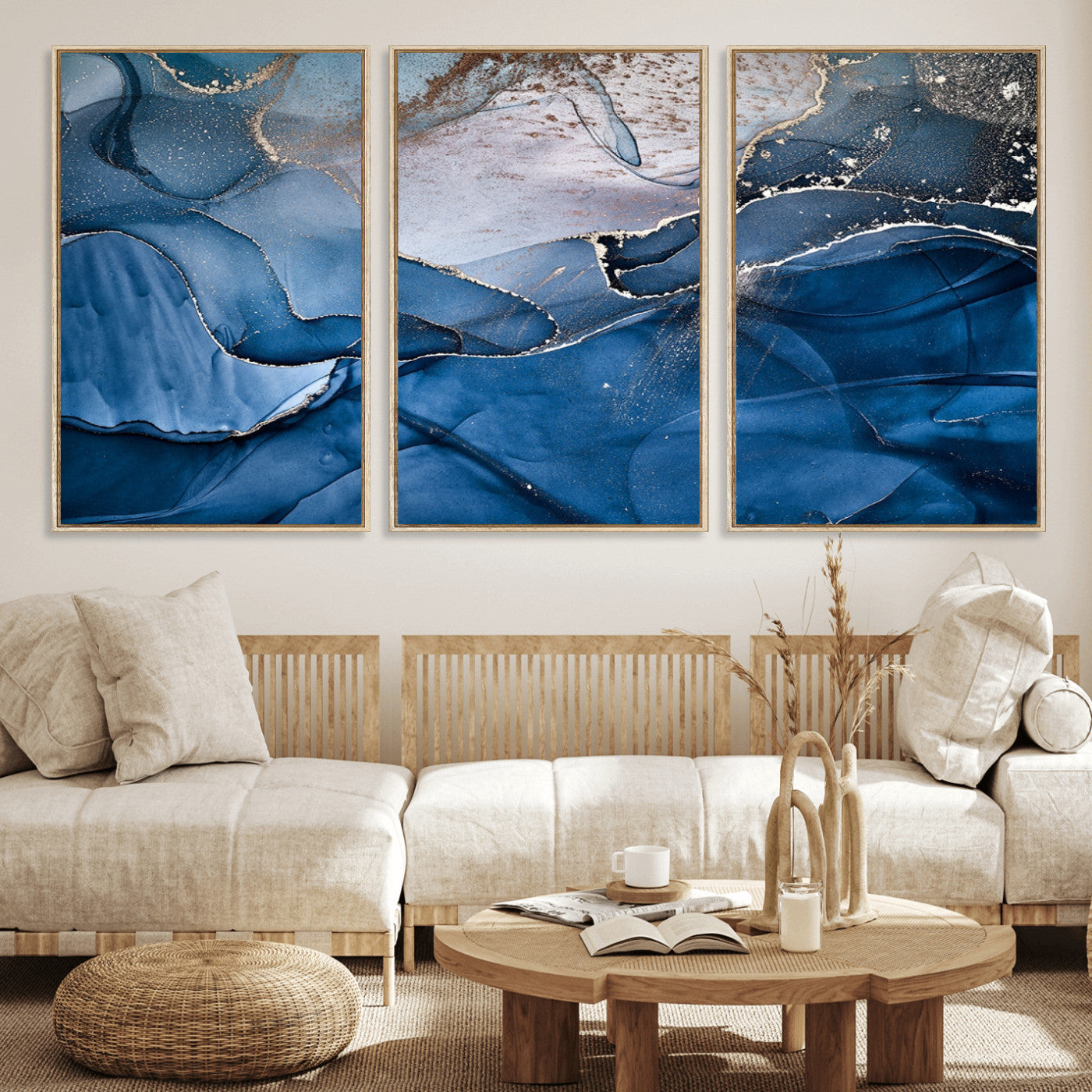 27810-MGV-FC-60X30-3P_Natural-Abstract Blue Gold Fluid Art Wall – Modern Canvas Print, Elegant Home & Office Wall Art, Stylish Living Room or Bedroom Decor