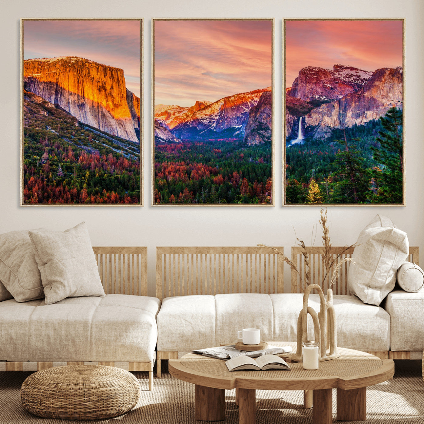 24519-MGV-FC-60X30-3P_Natural-Yosemite Valley Sunset Wall Art – Majestic Mountain Landscape with Waterfall and Vibrant Sky, Nature Photography for Home or
