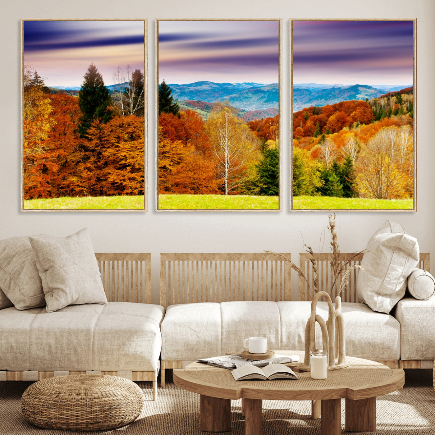 58007-MGV-FC-60X30-3P_Natural-Autumn Mountain Landscape Wall Art – Stunning Fall Forest Canvas Print, Cozy Nature Decor for Home or Office