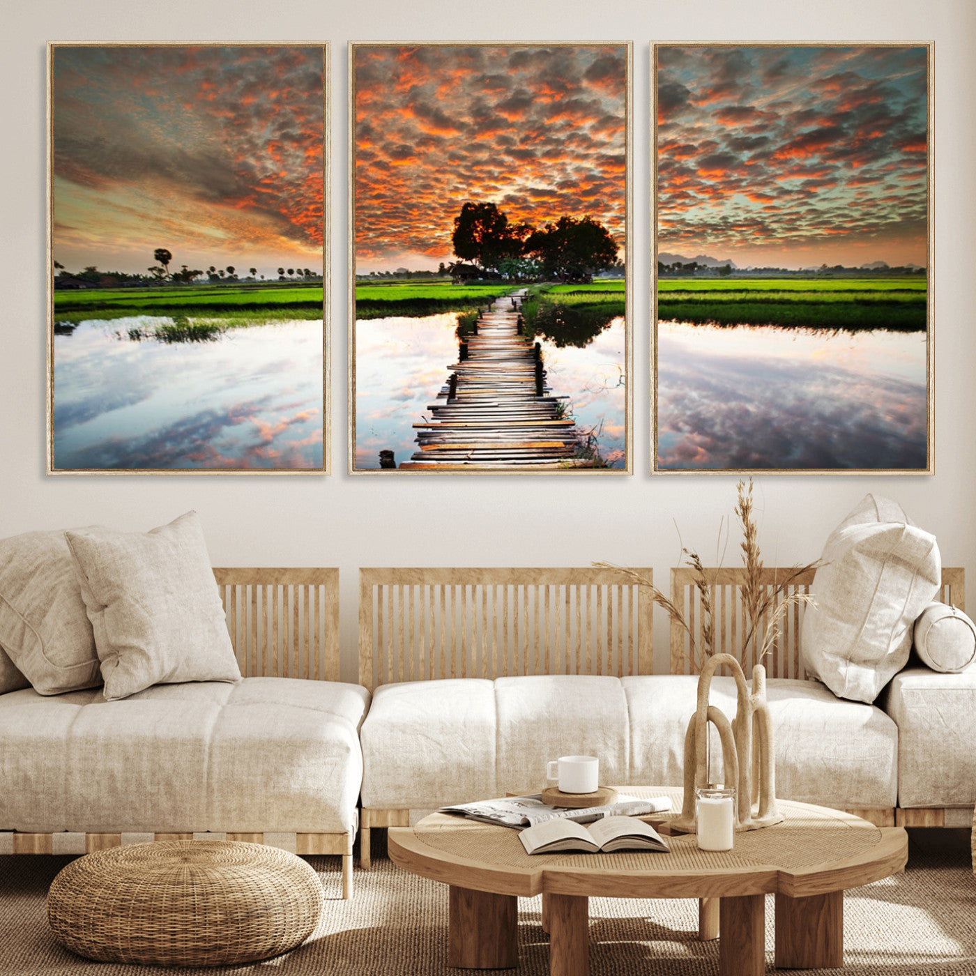 29105-MGV-FC-60X30-3P_Natural-Rustic Wooden Bridge Wall Art – Scenic Sunset Over Rice Fields and Reflective Water Canvas Print, Nature Landscape Decor for