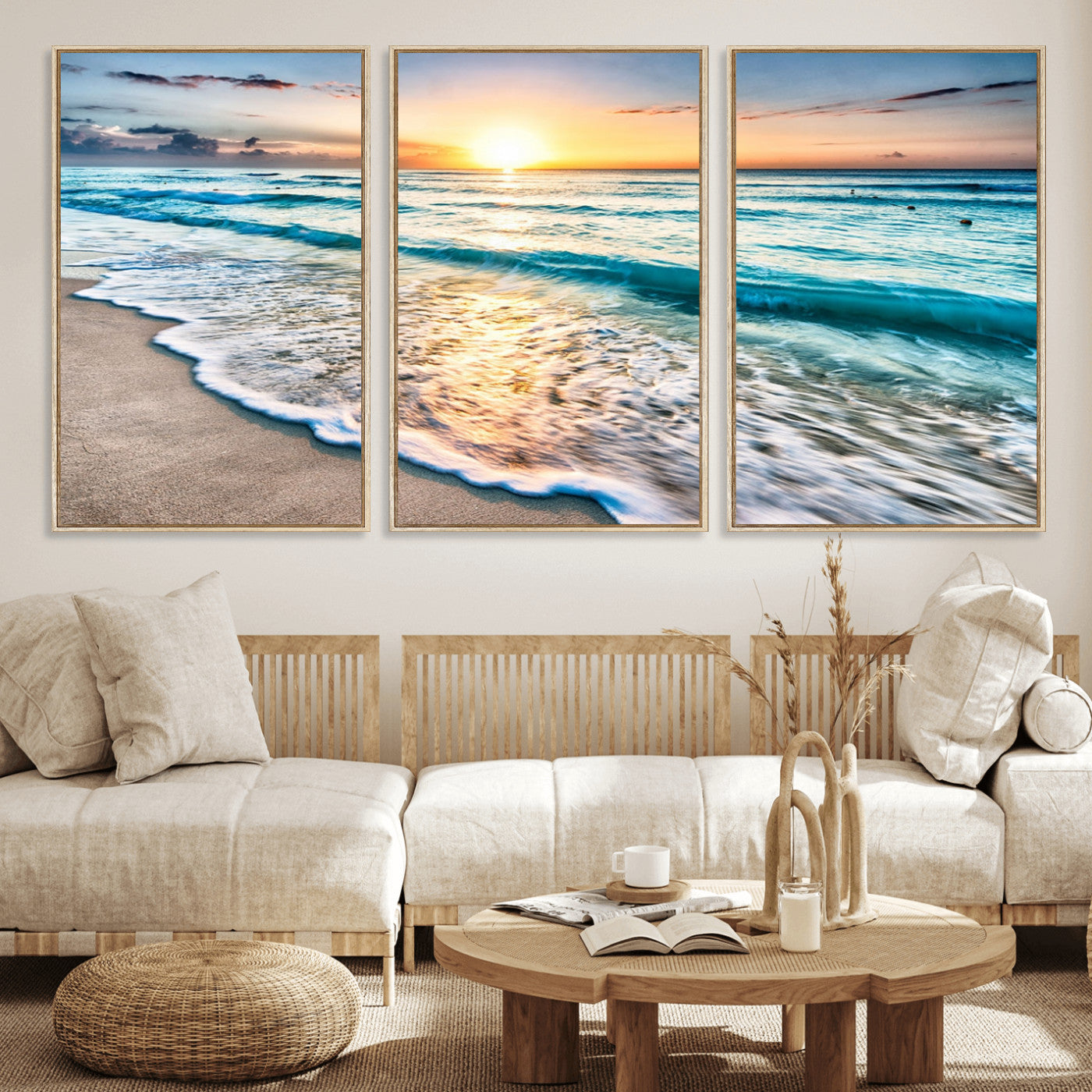 27815-MGV-CV-36X24-Ocean Sunrise Beach Wall Art – Serene Coastal Canvas Print with Waves and Golden Morning Light, Relaxing Seascape Decor for