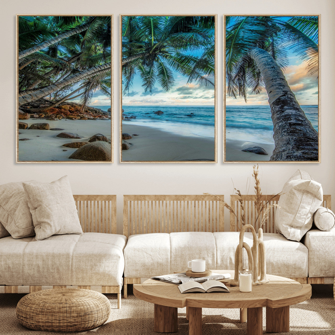 39679-MGV-CV-36X24-Tropical Palm Beach Wall Art – Serene Ocean Canvas Print with Palm Trees and Rocks, Coastal Paradise Decor for Living Room or