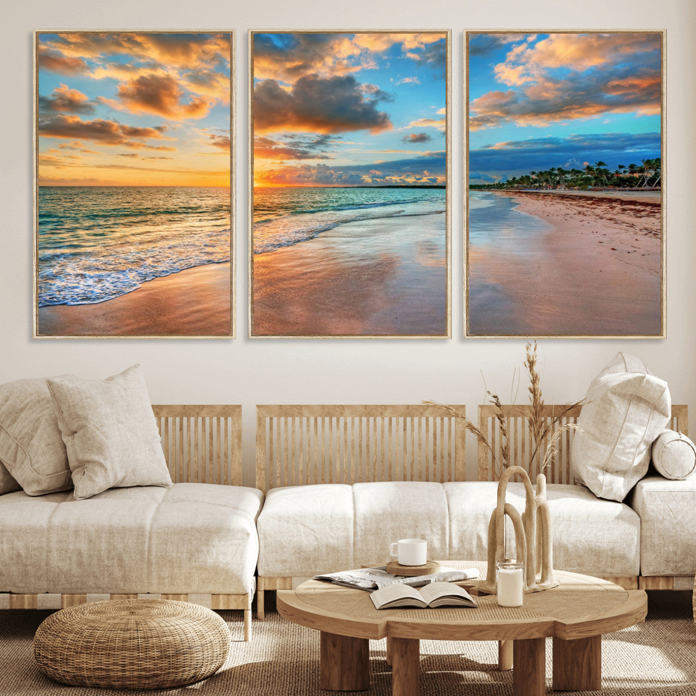 41572-MGV-CV-36X24-Sunset Beach Wall Art – Ocean Waves and Palm Trees Canvas Print, Tropical Coastal Sunset Seascape Decor for Living Room, Bedroom