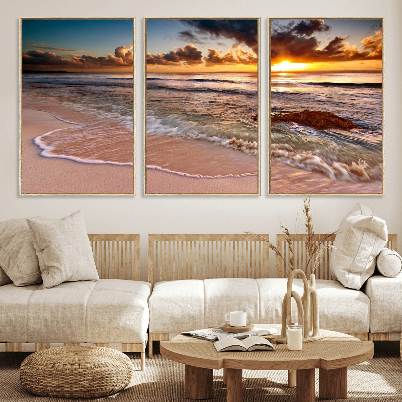 80979-MGV-CV-36X24-Golden Sunrise Beach Wall Art – Ocean Waves and Sandy Shore Canvas Print, Coastal Sunset Photography Artwork for Living Room,