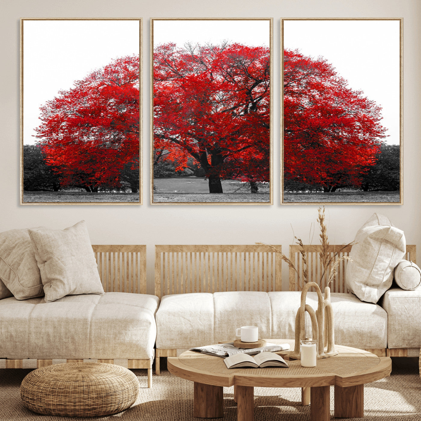 80021-MGV-CV-36X24-Red Tree Wall Art – Striking Black and White Landscape Canvas Print with Vibrant Red Leaves, Modern Nature Decor for Living Room