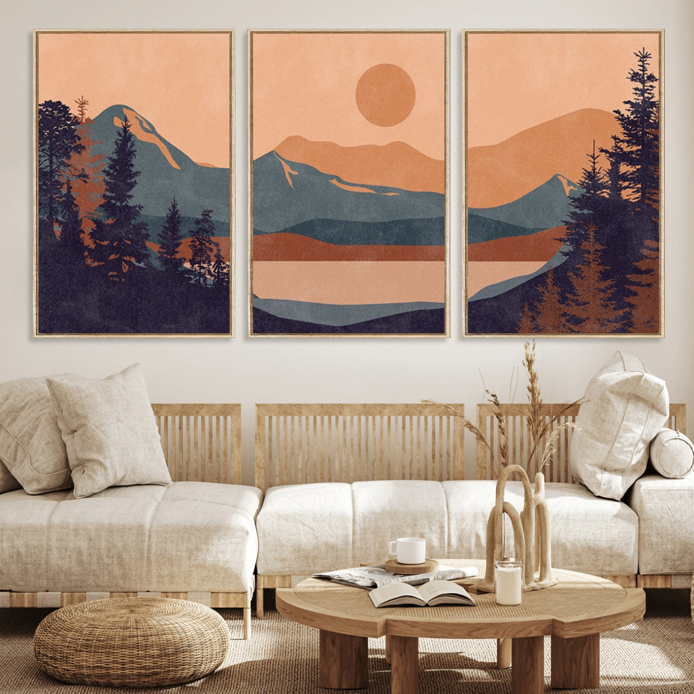 62795-MGV-FC-60X30-3P_Natural-Minimalist Mountain Landscape Wall Art – Abstract Sunset Over Peaks and Pine Trees Canvas Print, Modern Nature Decor for Living