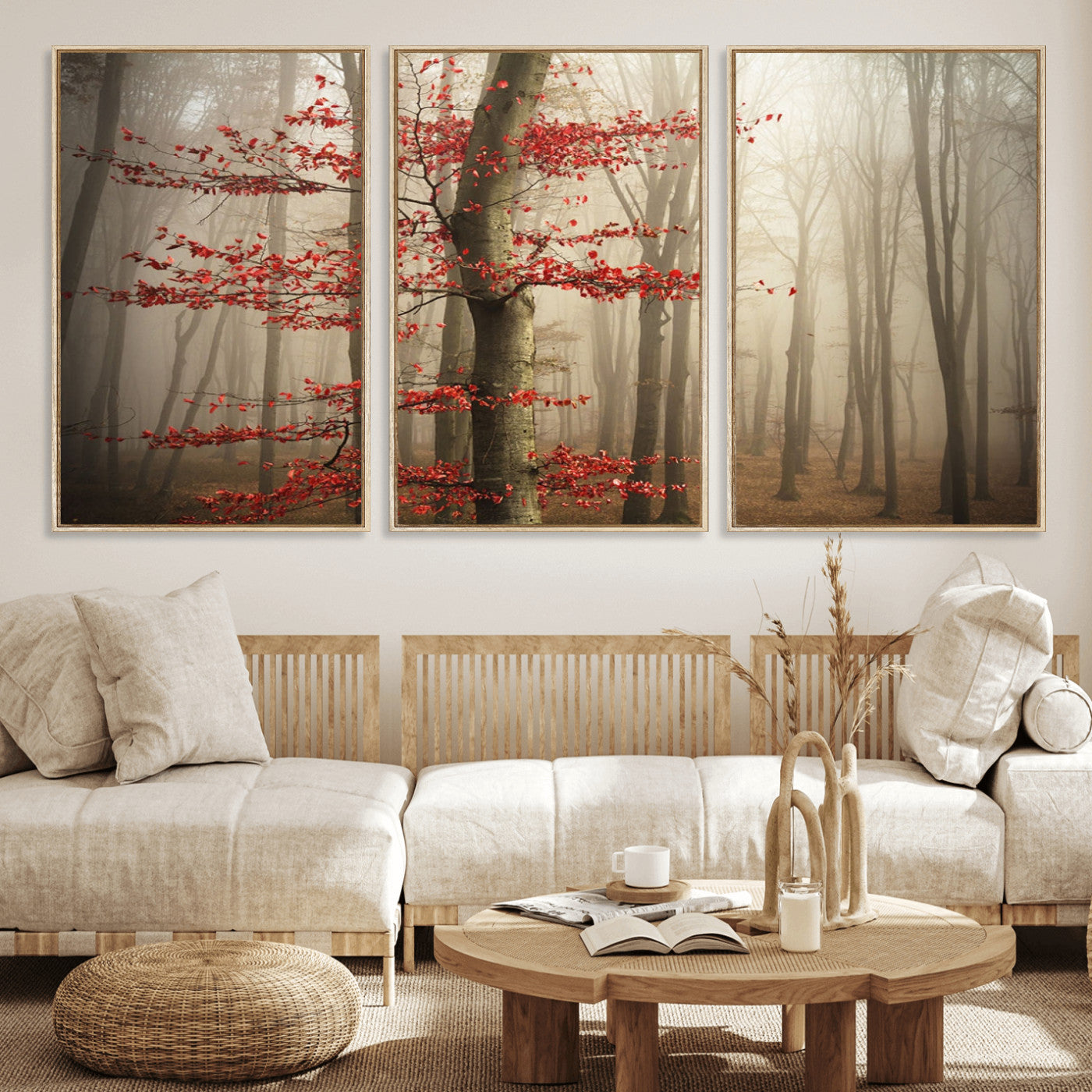 61855-MGV-CV-36X24-Misty Forest Wall Art – Red Tree with Autumn Leaves Canvas Print, Moody Woodland Nature Decor for Living Room, Bedroom, or Office