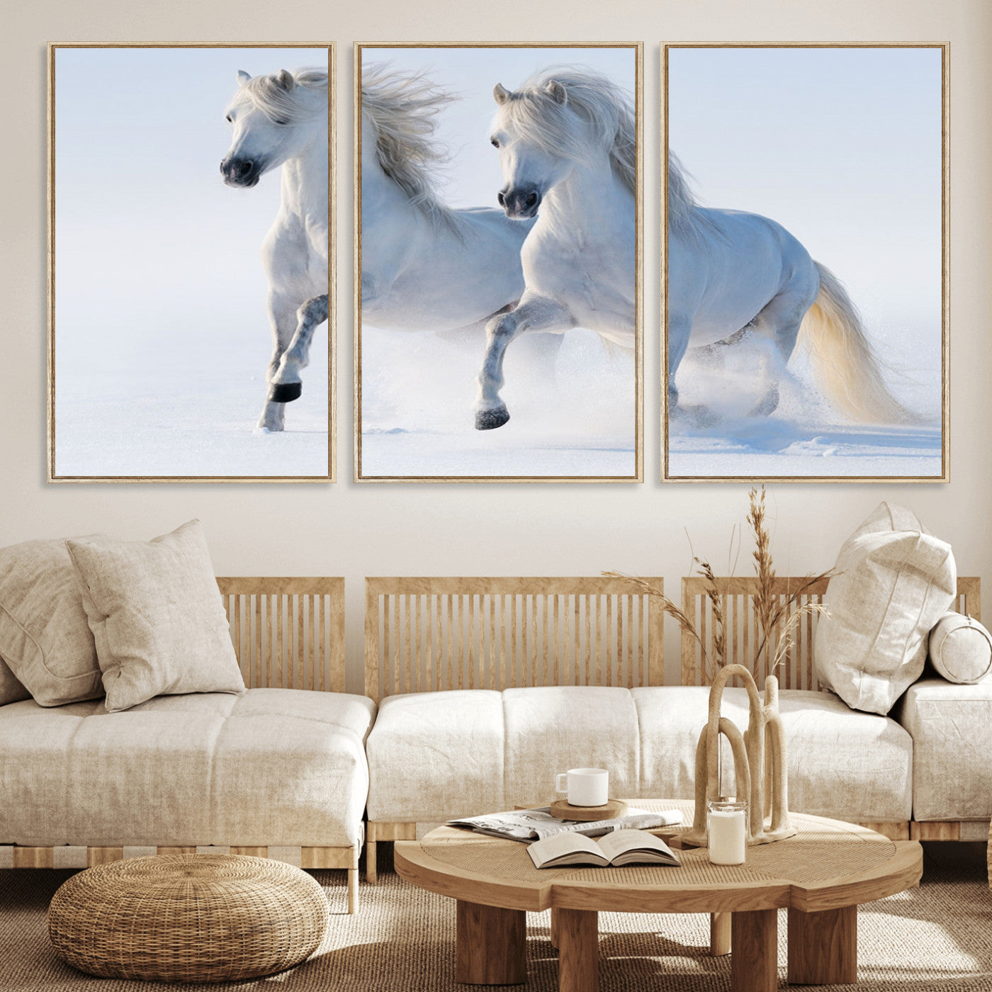 80145-MGV-CV-36X24-White Horses Running Snow Wall Art – Majestic Equine Canvas Print, Winter Nature Photography Decor for Living Room, Office,