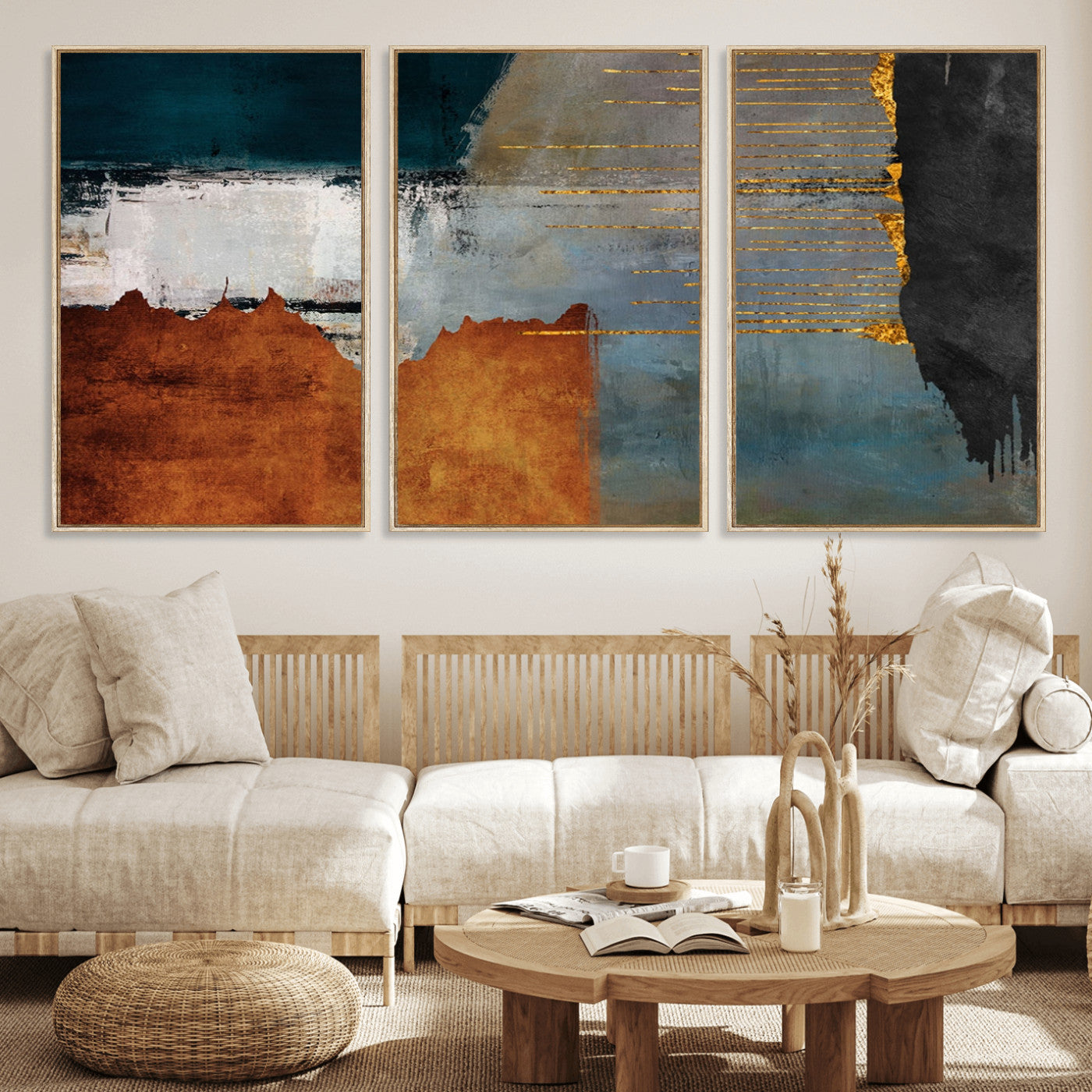 35026-MGV-CV-36X24-Abstract Canvas Wall Art – Modern Teal, Rust, Black and Gold Textured Painting, Contemporary Decor for Living Room, Bedroom