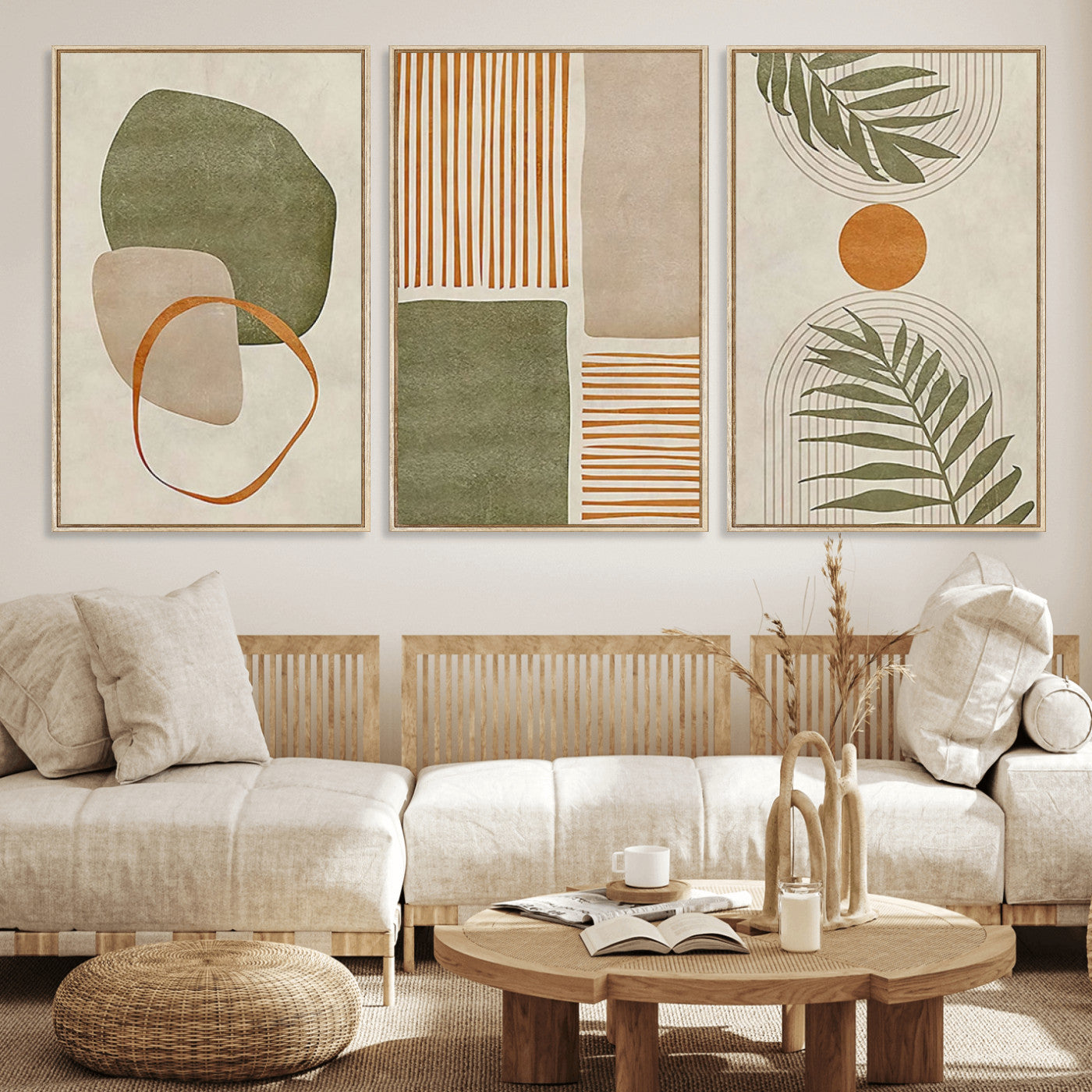 96002-MGV-FC-60X30-3P_Natural-Abstract Geometric Wall Art – Modern Canvas Print with Green, Orange & Beige Shapes, Minimalist Home Decor for Living Room, Office