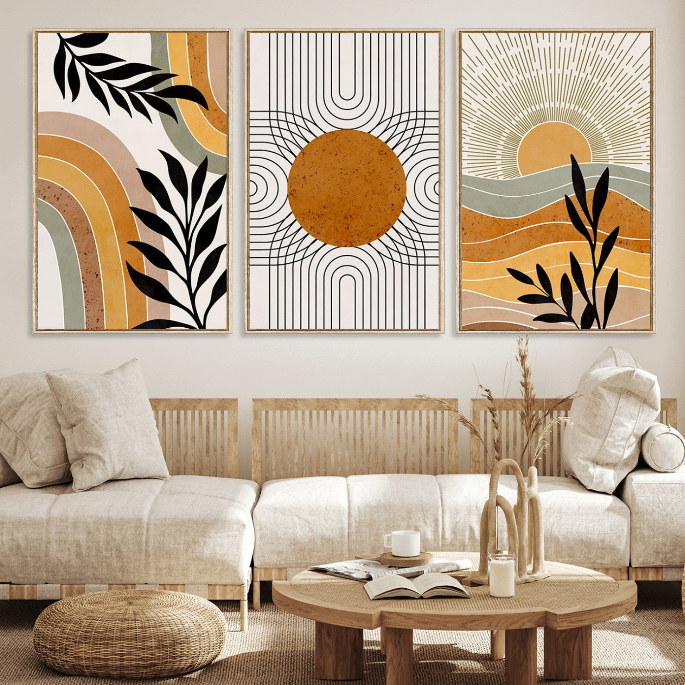 44668-MGV-FC-60X30-3P_Natural-Mid Century Modern Wall Art – Abstract Sun and Rainbow Canvas Print, Minimalist Geometric Boho Decor for Living Room, Bedroom or