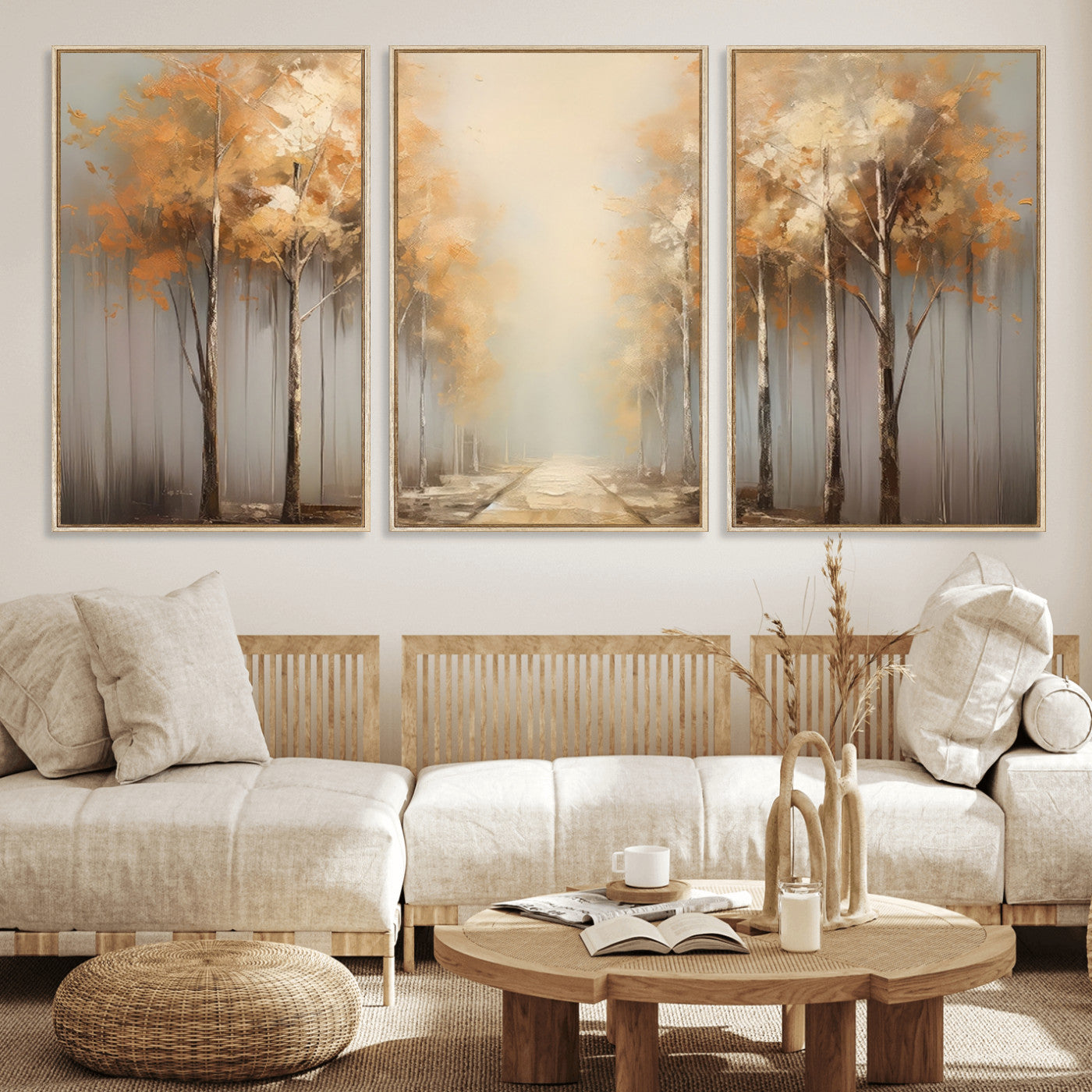 95004-MGV-FC-60X30-3P_Natural-Autumn Forest Path Wall Art – Hand Painted Canvas Print with Golden Trees, Modern Nature Landscape Decor for Living Room, Bedroom
