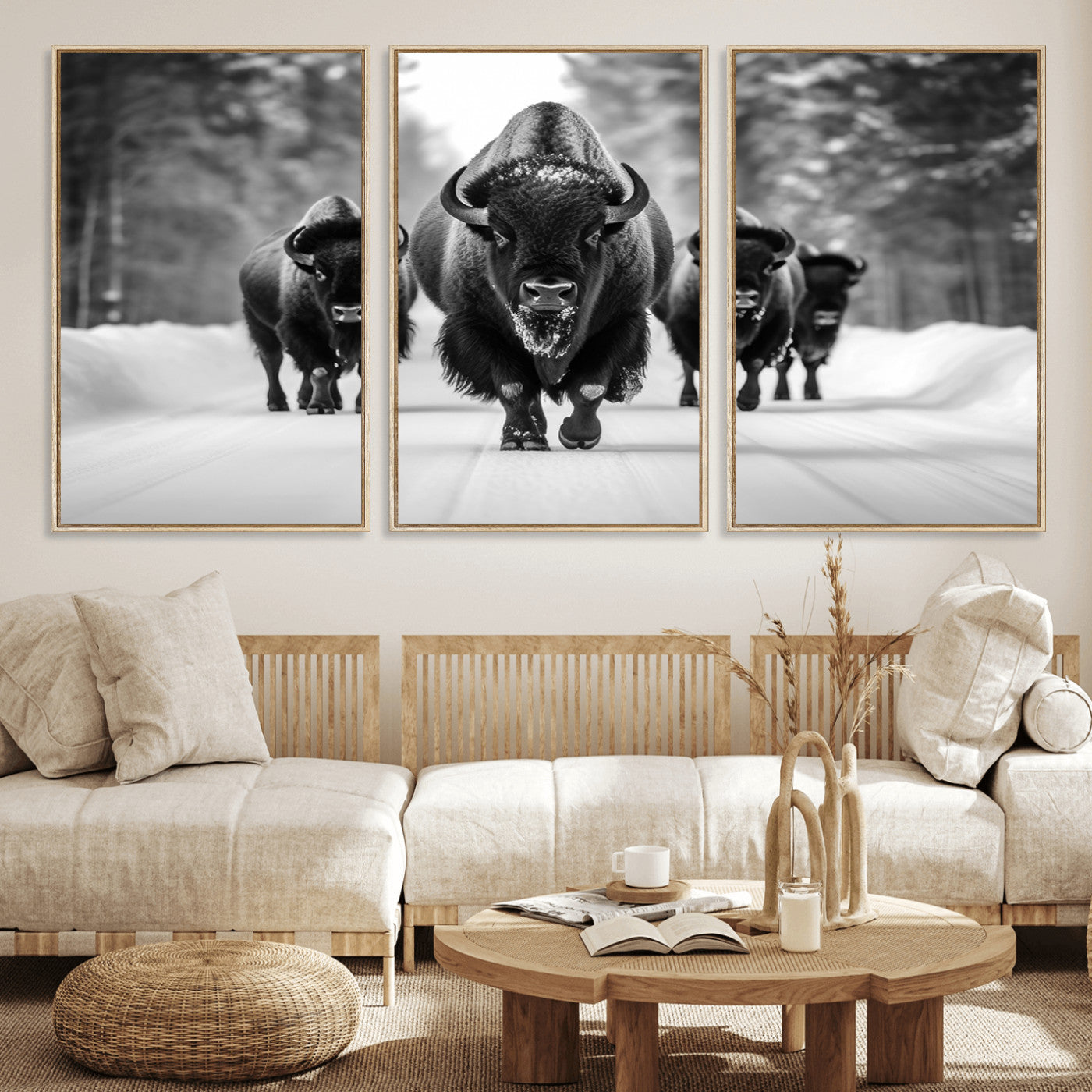 45287-MGV-FC-60X30-3P_Natural-Bison Herd Wall Art – Black and White Buffalo Snow Road Canvas Print, Rustic Wildlife Decor for Cabin, Lodge or Living Room